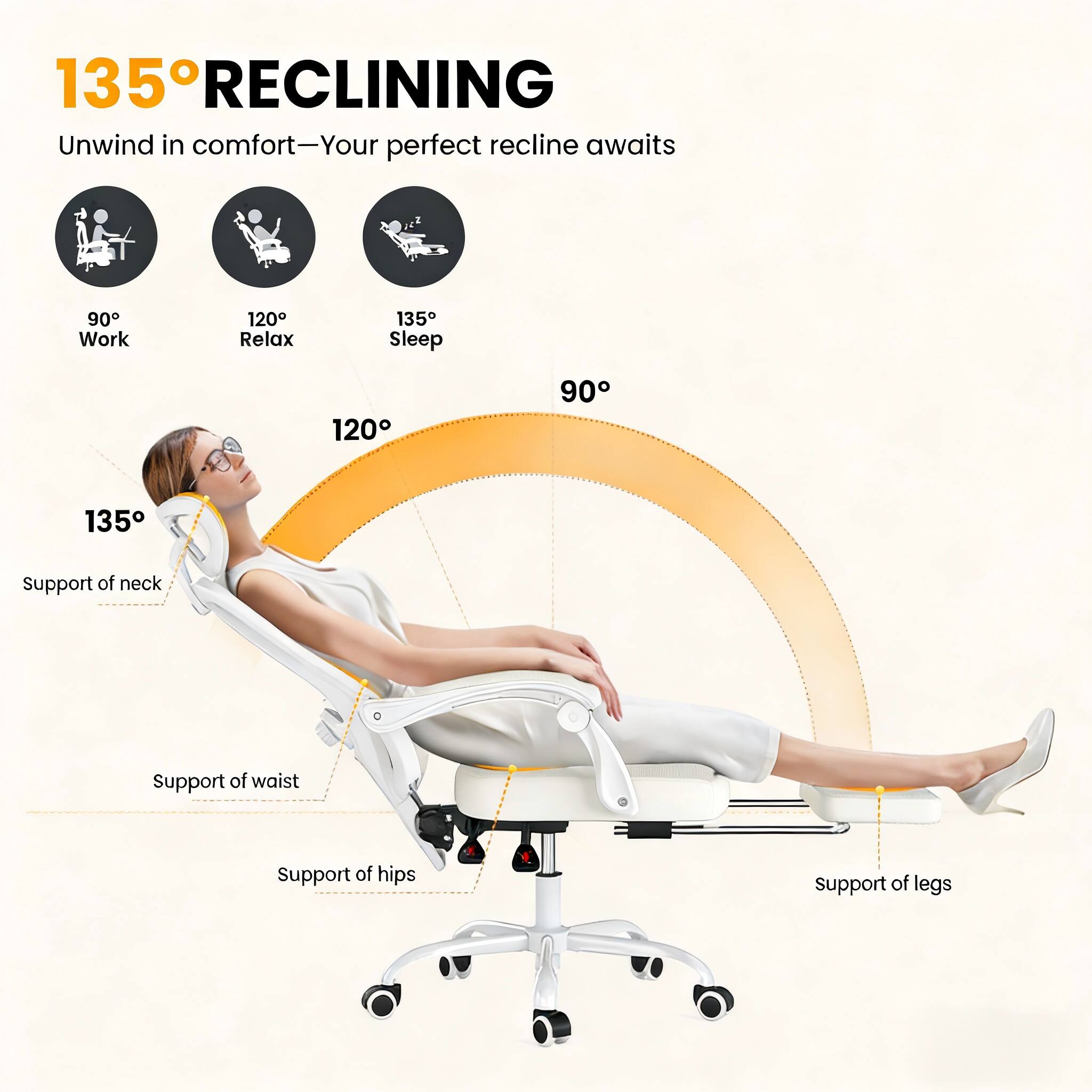 135° RECLINING  
Unwind in comfort—Your perfect recline awaits

90° Work  
120° Relax  
135° Sleep

Support of neck  
Support of waist  
Support of hips  
Support of legs