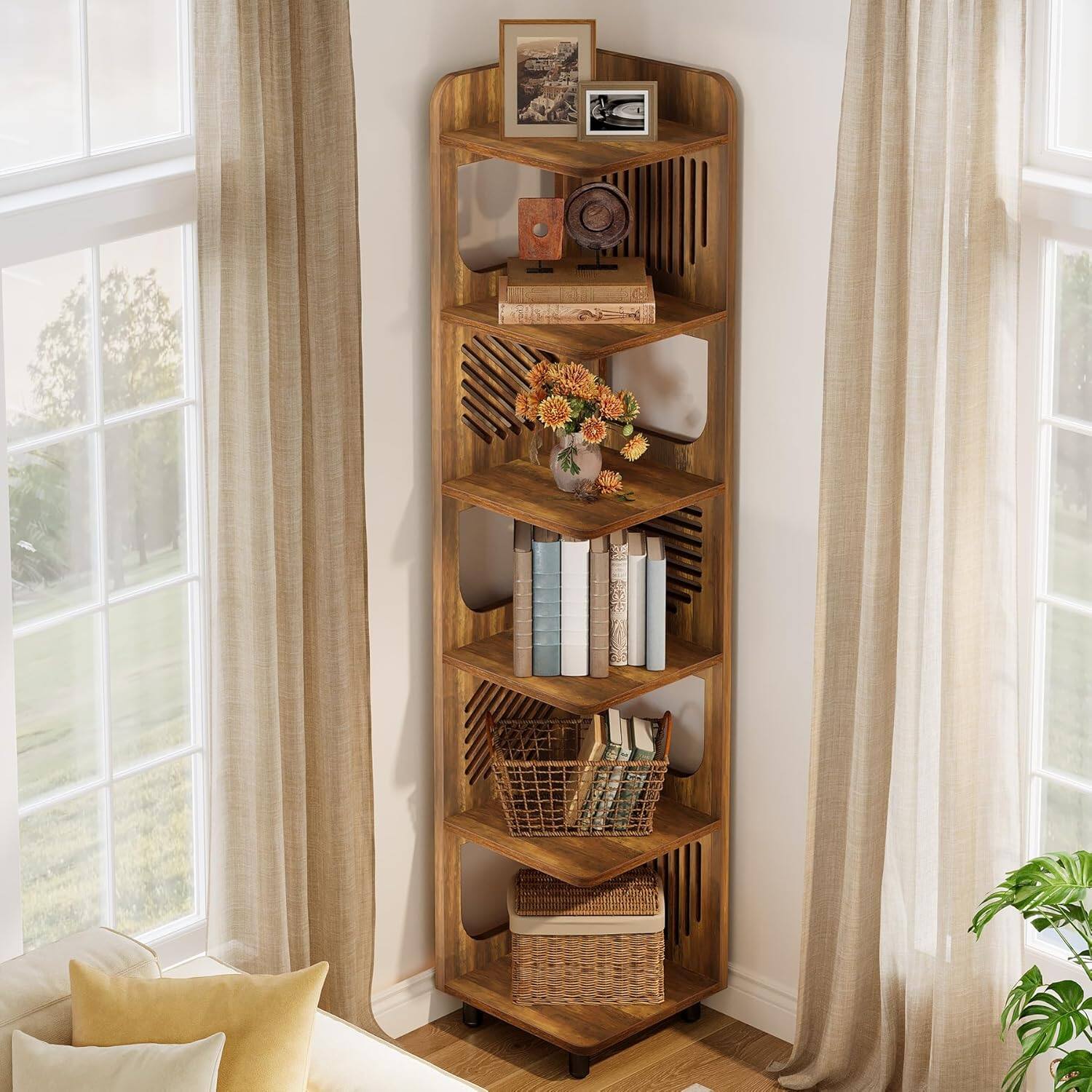Alt View 4. Tribesigns - Corner Bookshelf with Engineered Wood Construction and Space-Saving Design for Living Room and Bedroom - Brown.