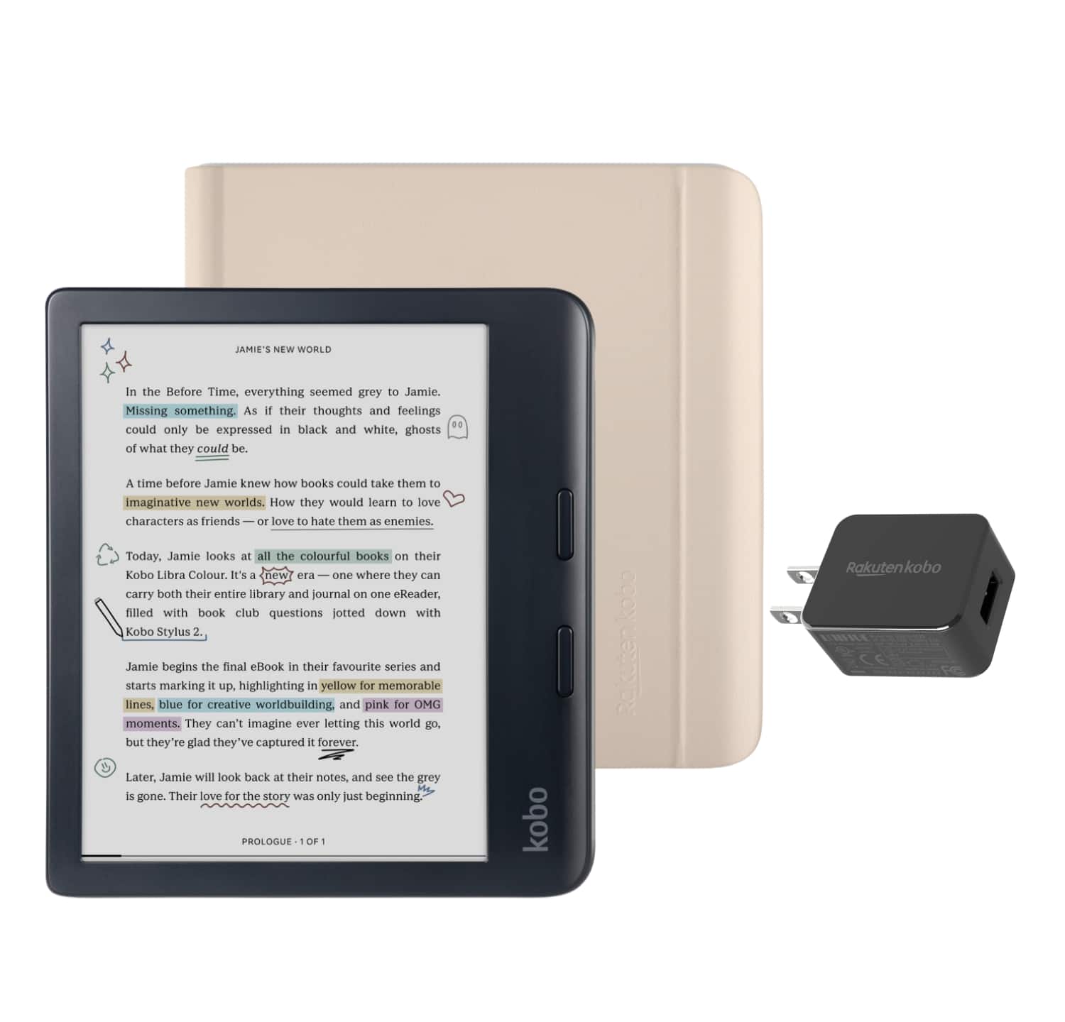 Kobo - Libra Colour eReader (Black) with and AC Bundle - 2024 - Sand Beige Notebook SleepCover