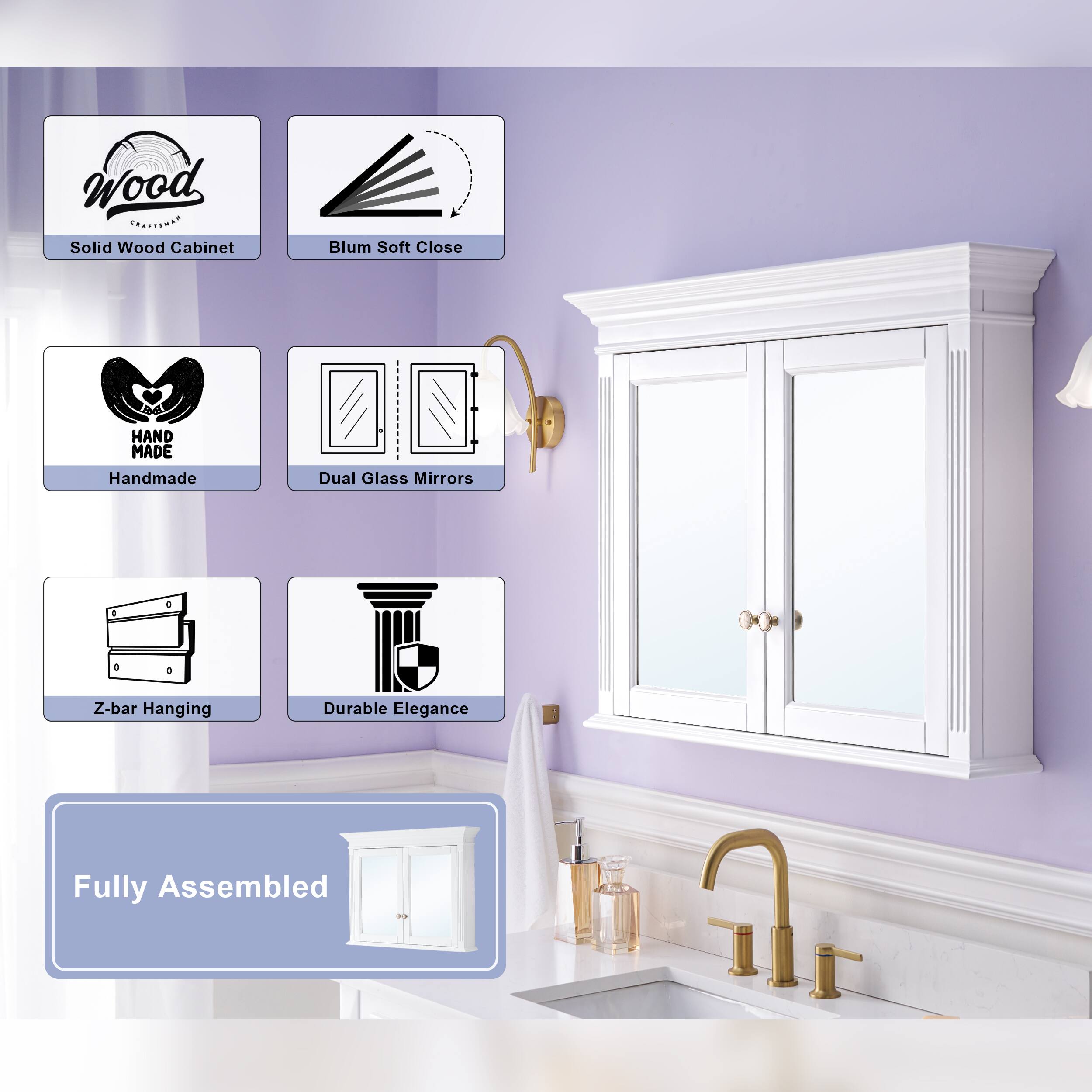 Wood Solid Wood Cabinet Blum Soft Close  
HAND MADE Handmade Dual Glass Mirrors  
Z-bar Hanging  
Durable Elegance  
Fully Assembled