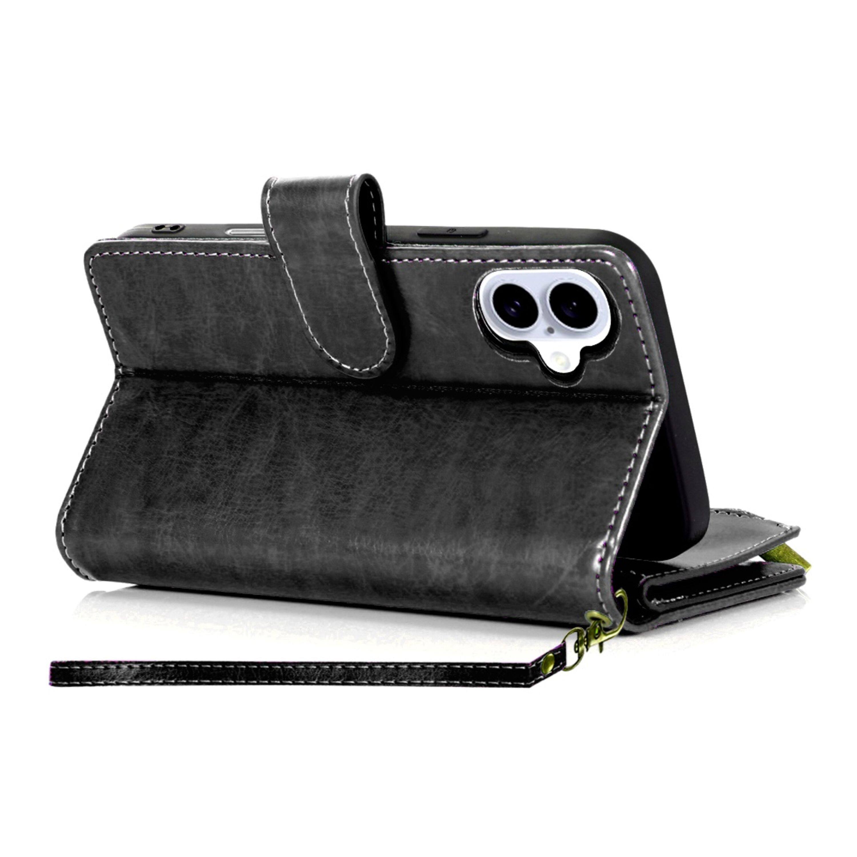 Back. Kitcheniva - PU Leather Phone Wallet Zipper With Tempered Glass For iPhone 16 6.1" Black - Black.