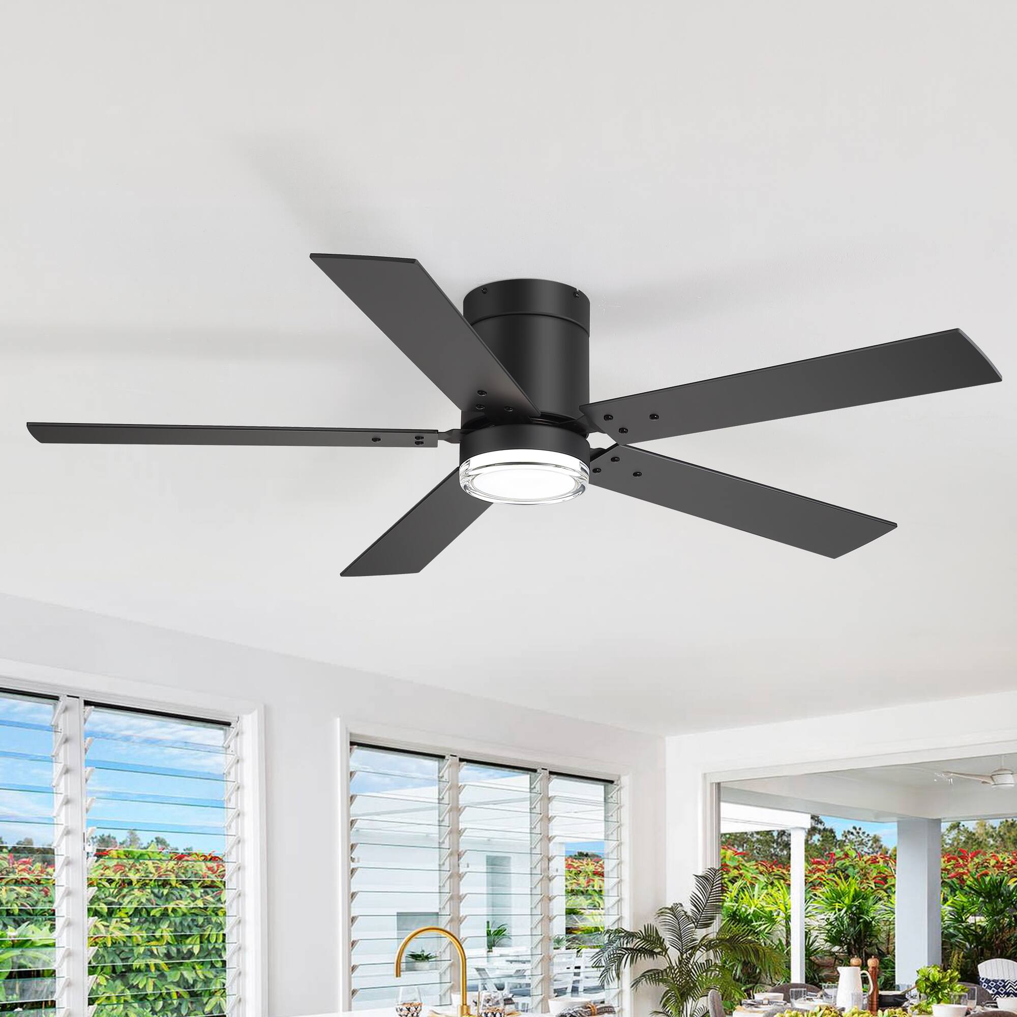 Breezary - 52-Inch Modern Flush Mount Ceiling Fan with LED Light and Remote, Dual-layer acrylic shade, 5 Blades, DC Motor - Black