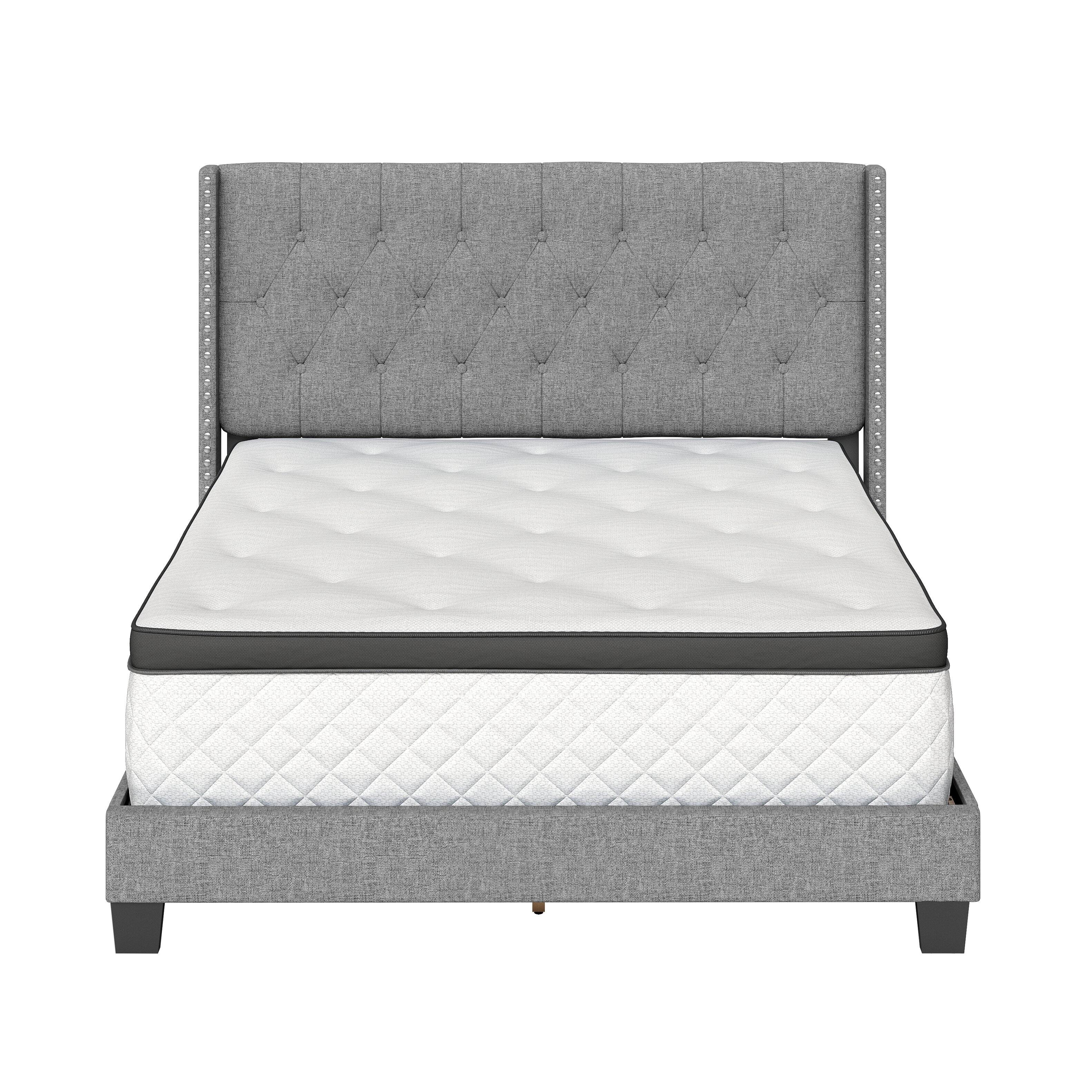 Alt View 3. Boyd Sleep - Mia Linen Platform Bed Frame with Tufted Headboard and Nailhead Trim, No Box Spring Required, Queen - Gray.