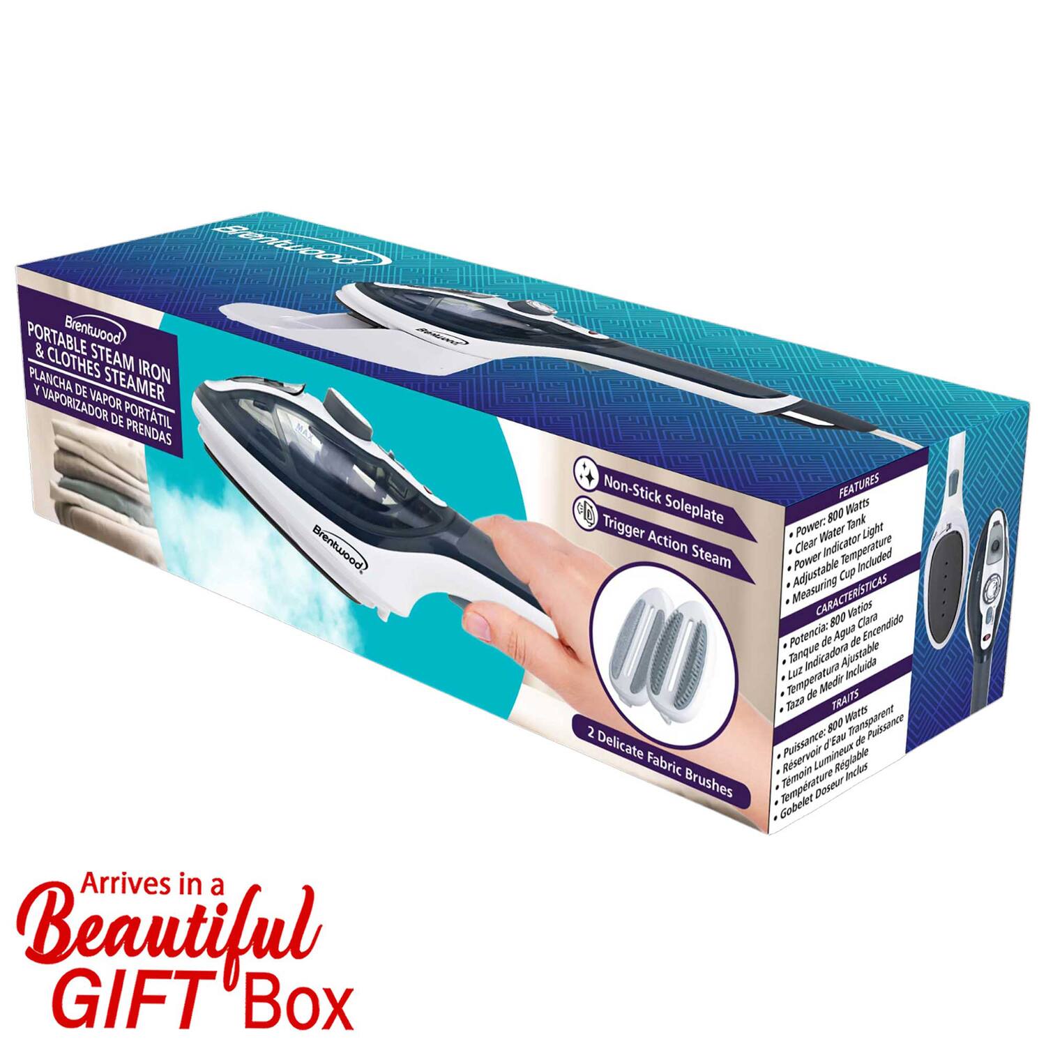 Sontoo PORTABLE Brentwood & STEAM PLANCHA CLOTHES IRON Y DE VAPOR STEAMER VAPORIZADOR DE PORTATIL PRENDAS Brentwood Arrives in a Beautiful GIFT Box Non-Stick d Trigger Soleplate Action Steam 2 Delicate Fabric Brushes FEATURES 800 Watts Power. Dat Light Water Clear Indicator Temperature Adjustable Power Included Cp Measuring CARACTERSTICAS 800 Inos Clana Encendido Aotencia: de Agua de Tanque Indicadora Austable Temperatura Loz aclvdo de Medr 2aP TRAITS M Tangurent 800 Pudanc d'Enu 6 de Rservezr Rglabe Icles Temprature Tempis Deseur Gobelet