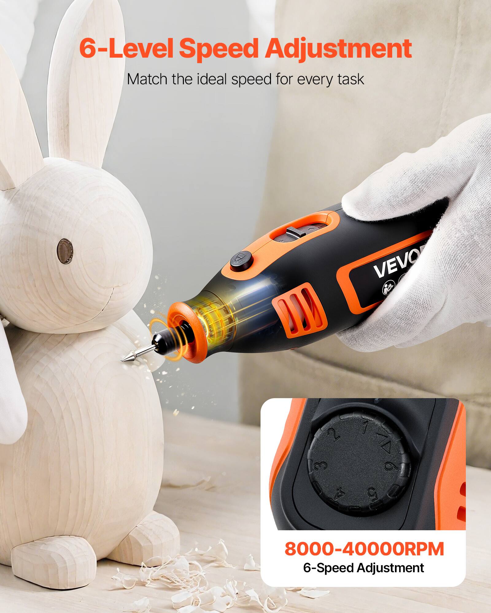 6-Level Speed Adjustment  
Match the ideal speed for every task  

8000-40000RPM  
6-Speed Adjustment