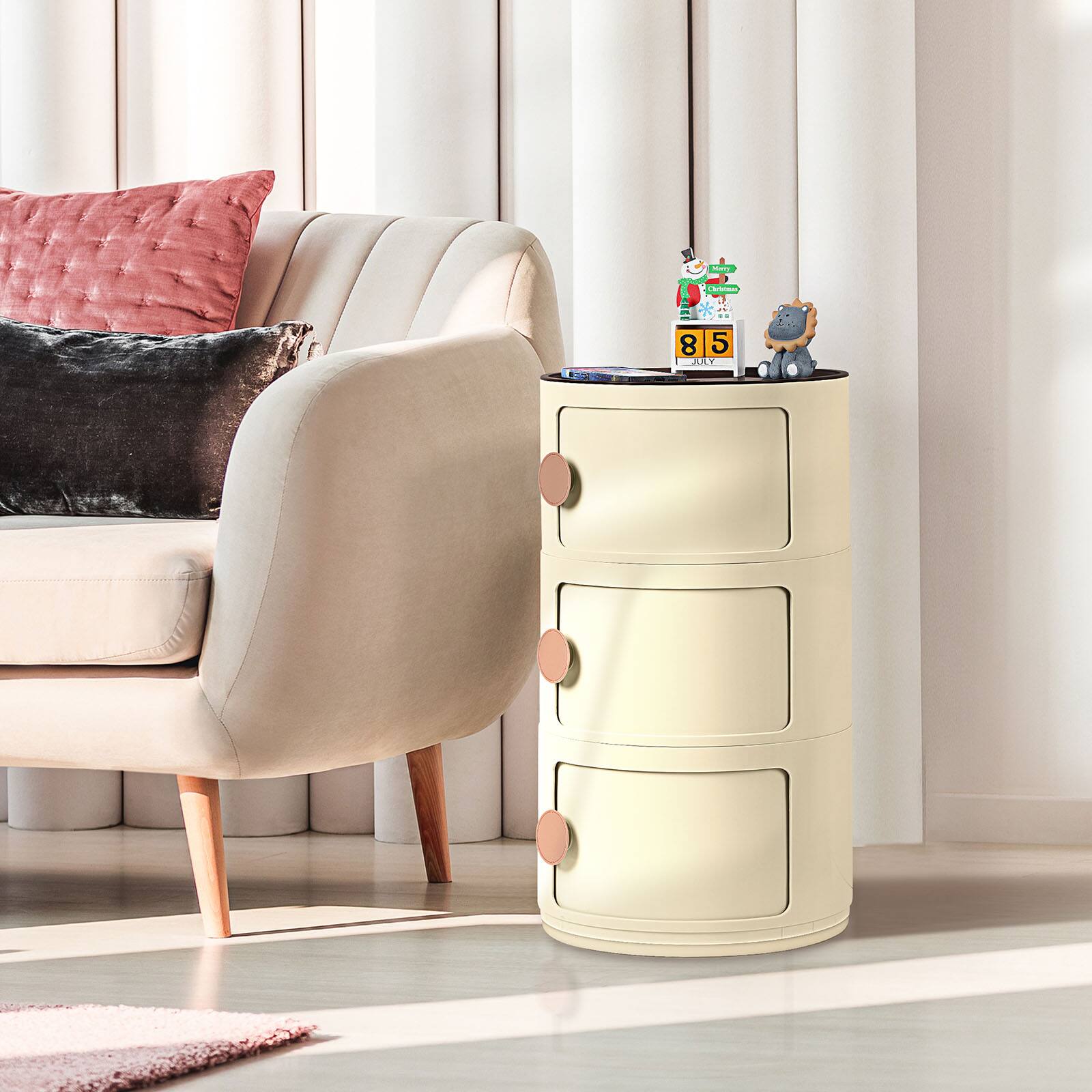 Front. Oumilen - Modular Stackable Storage Cabinet - 3-Tier Rotating Drawer Unit for Bedroom and Living Room - Beige.