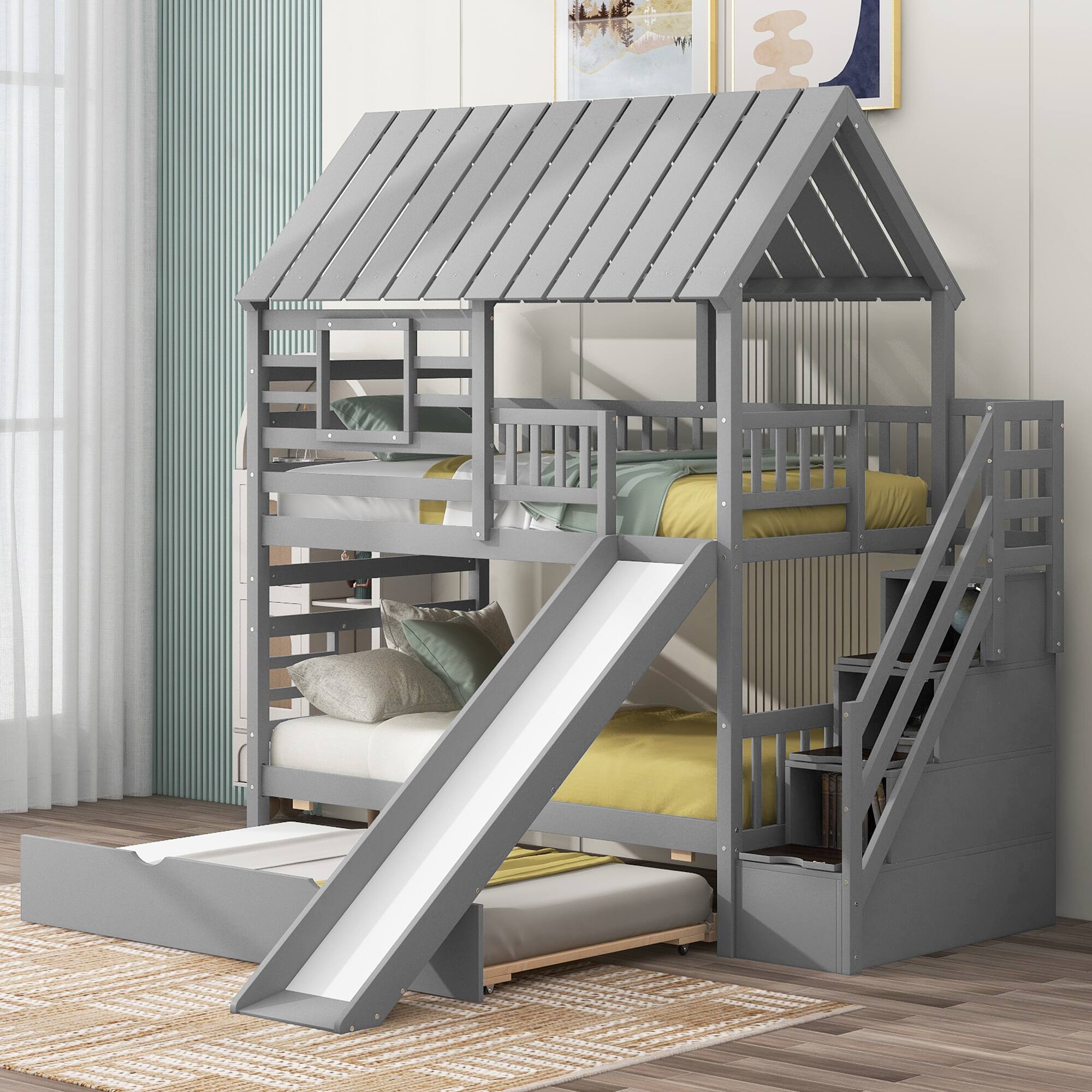 Tiramisubest - Twin Bunk Bed with Trundle, Slide, Storage Staircase, Roof & Window, Gray - Gray
