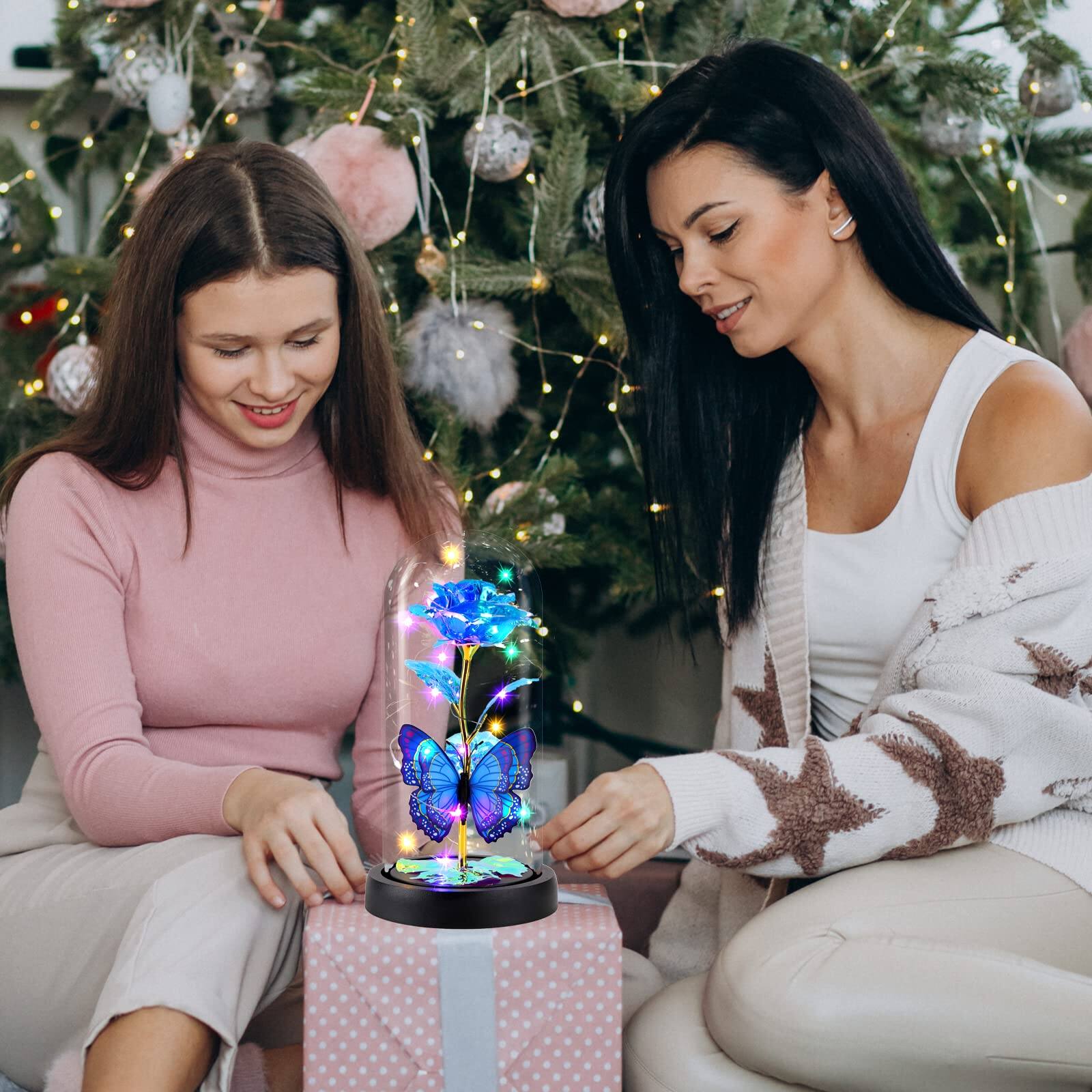 Left. Fabibe - Beauty And The Beast Rose Flower Gifts For Women Light Up Galaxy Gift Mom Crystal With Butterfly In Glass Dome - Red2.