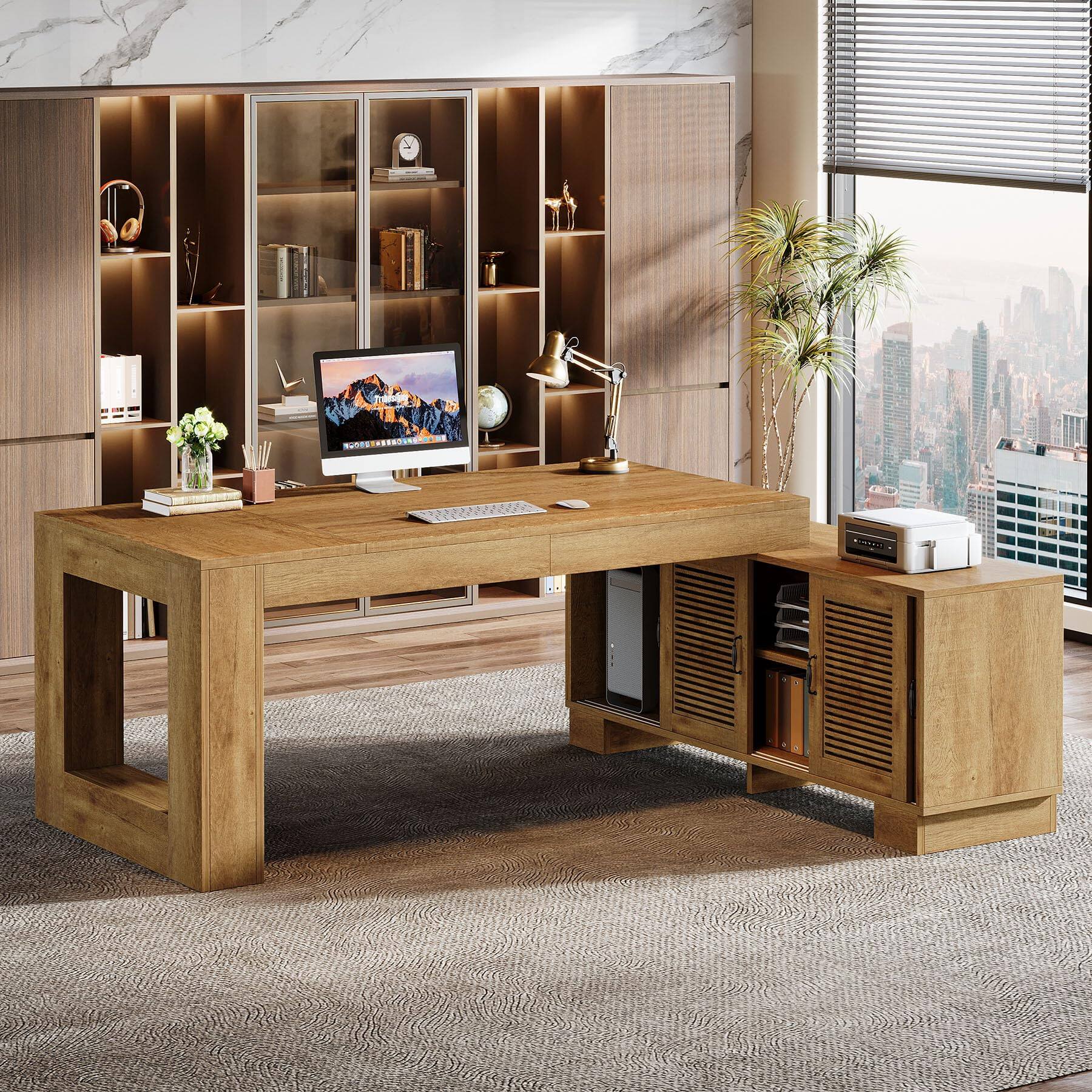 Alt View 3. Tribesigns - L Shaped Executive Desk with Storage Cabinets and 2-Tier Shelf, 78-Inch Simple Modern Business Furniture Large Computer - Dark Brown.