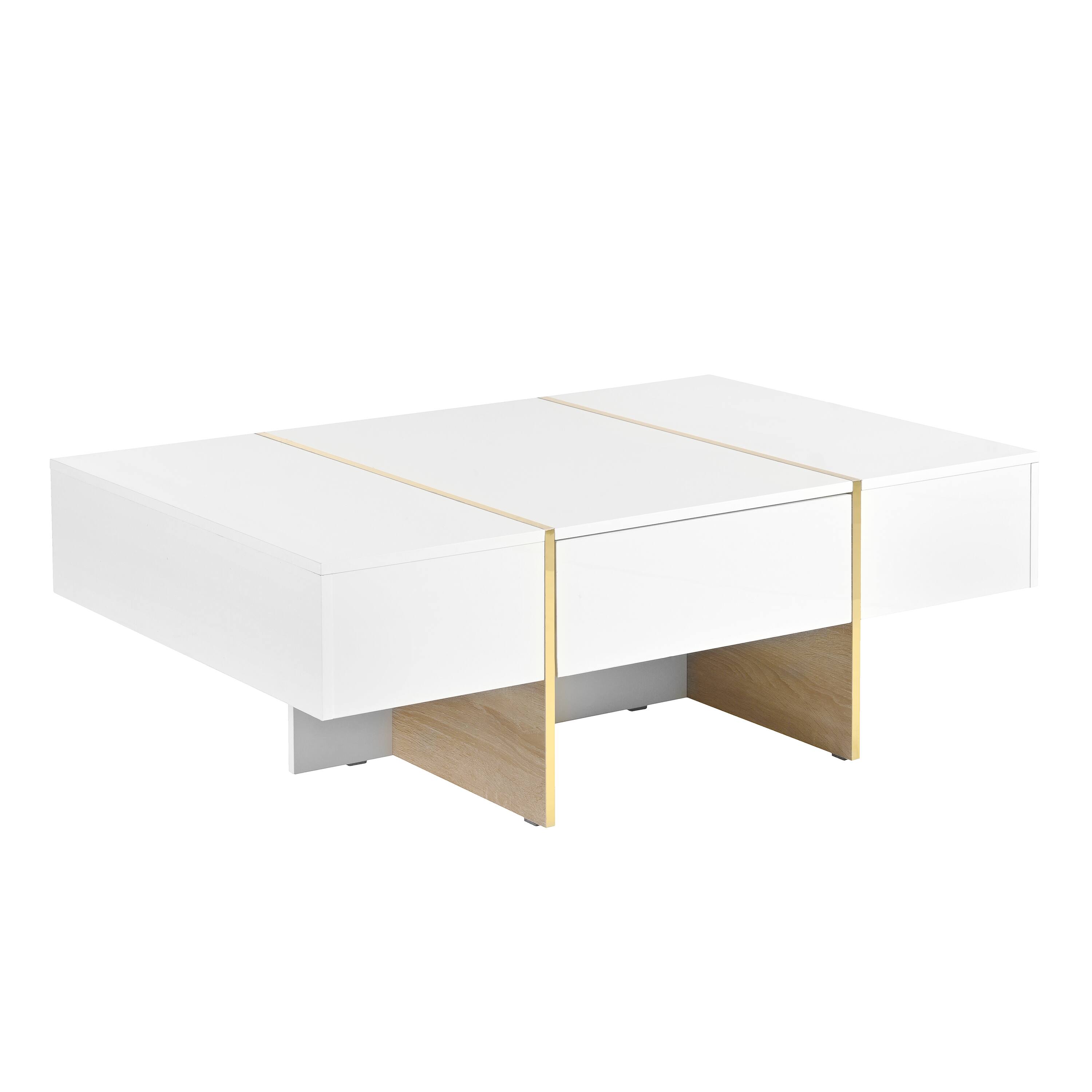 Alt View 6. Tiramisubest - Minimalist High Gloss Coffee Table with 2 Drawers,Multi-Storage Rectangle Sofa Table with Golden Wood Grain Legs,White - White.
