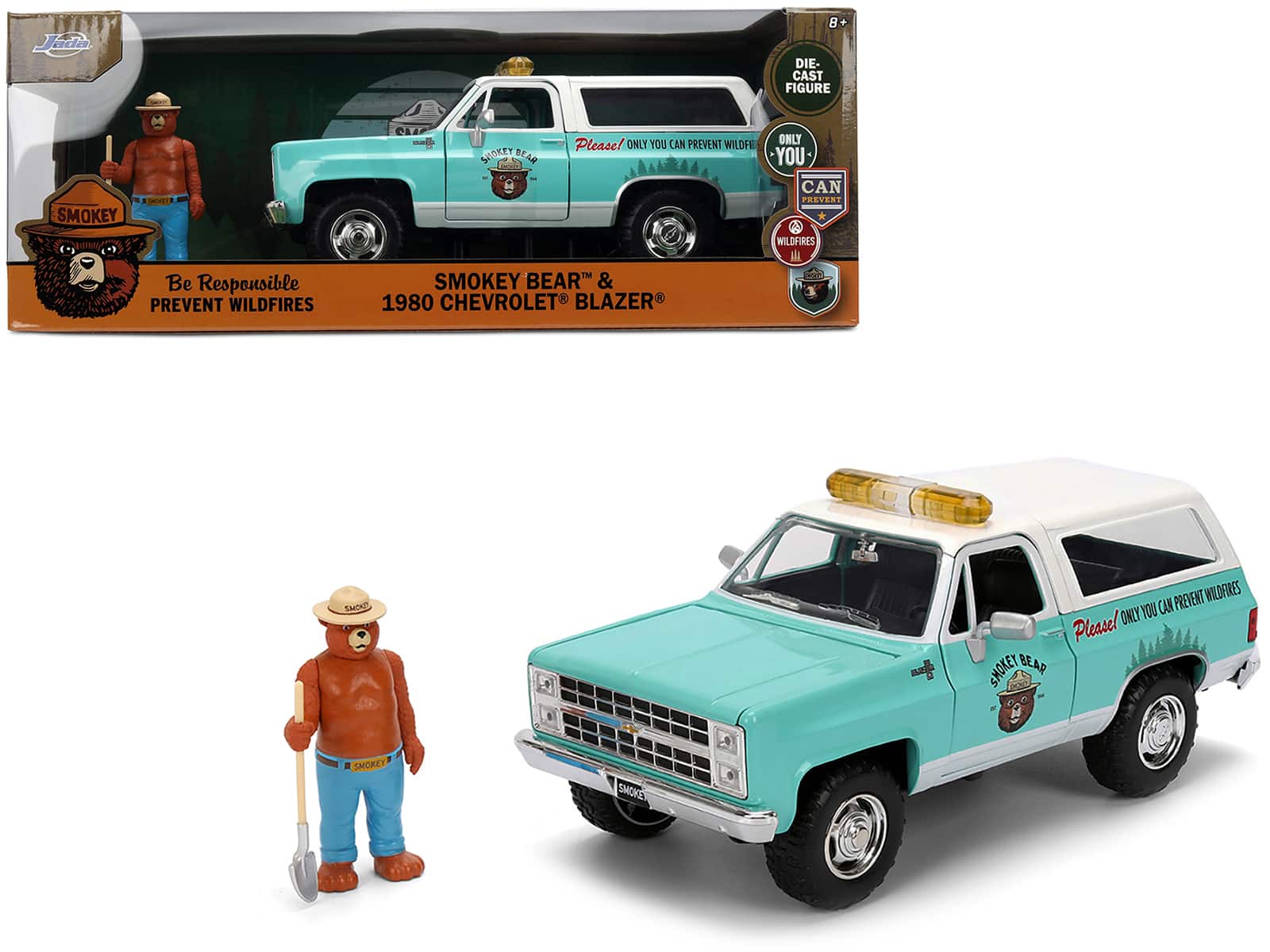 1980 Chevrolet Blazer Light Green with White Top and Graphics and Smokey Bear Diecast Figure 1/24 Diecast Model by Jada price history on PriceWatchPro