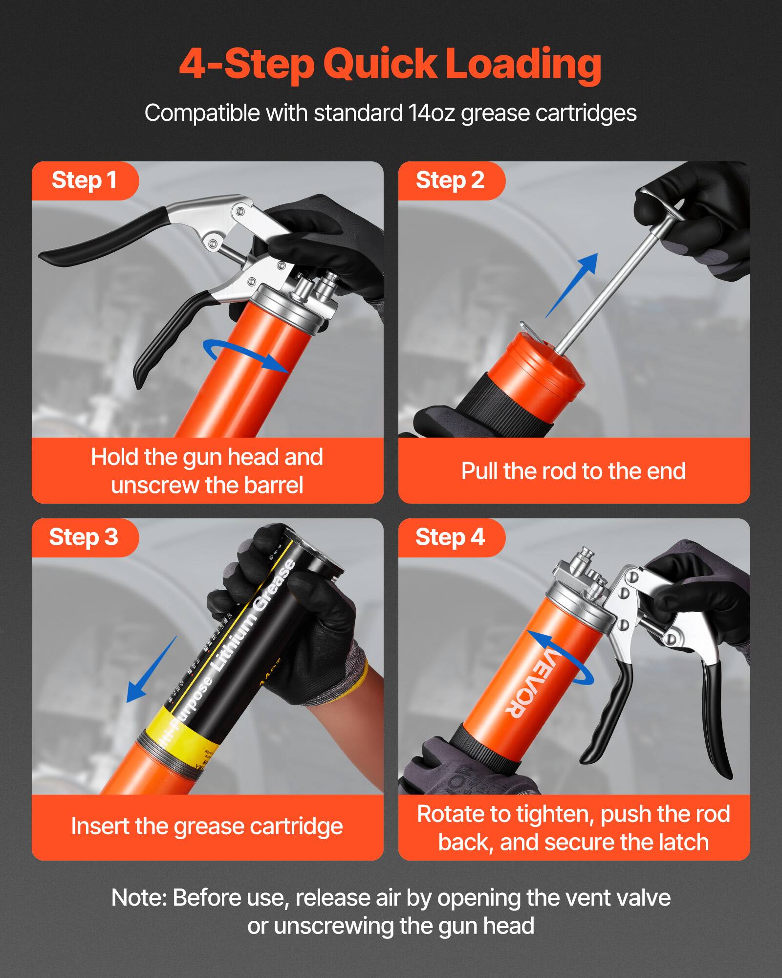 4-Step Quick Loading  
Compatible with standard 14oz grease cartridges  

Step 1: Hold the gun head and unscrew the barrel  
Step 2: Pull the rod to the end  
Step 3: Insert the grease cartridge  
Step 4: Rotate to tighten, push the rod back, and secure the latch  

Note: Before use, release air by opening the vent valve or unscrewing the gun head