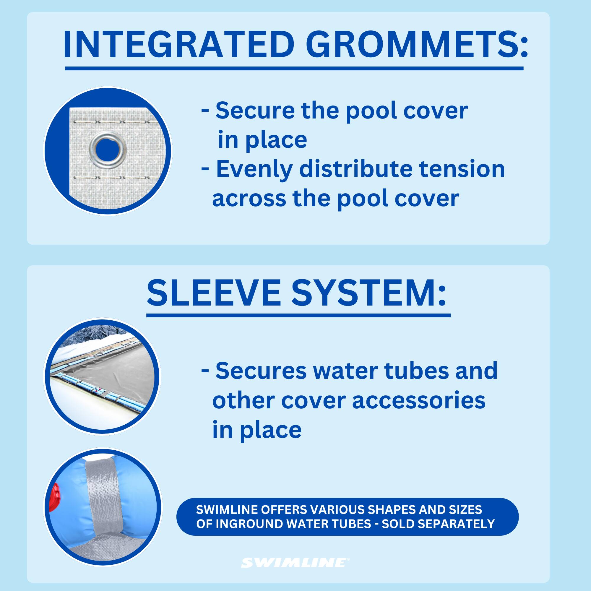 INTEGRATED GROMMETS:
- Secure the pool cover in place
- Evenly distribute tension across the pool cover

SLEEVE SYSTEM:
- Secures water tubes and other cover accessories in place

SWIMLINE OFFERS VARIOUS SHAPES AND SIZES OF INGROUND WATER TUBES - SOLD SEPARATELY