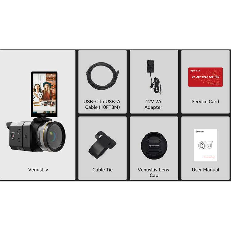 WT ARE HERE FOR YOU USB-C to USB-A Cable (10FT3M) 12V 2A Adapter Service Card VenusLiv Cable Tie VenusLiv Lens Cap User Manual