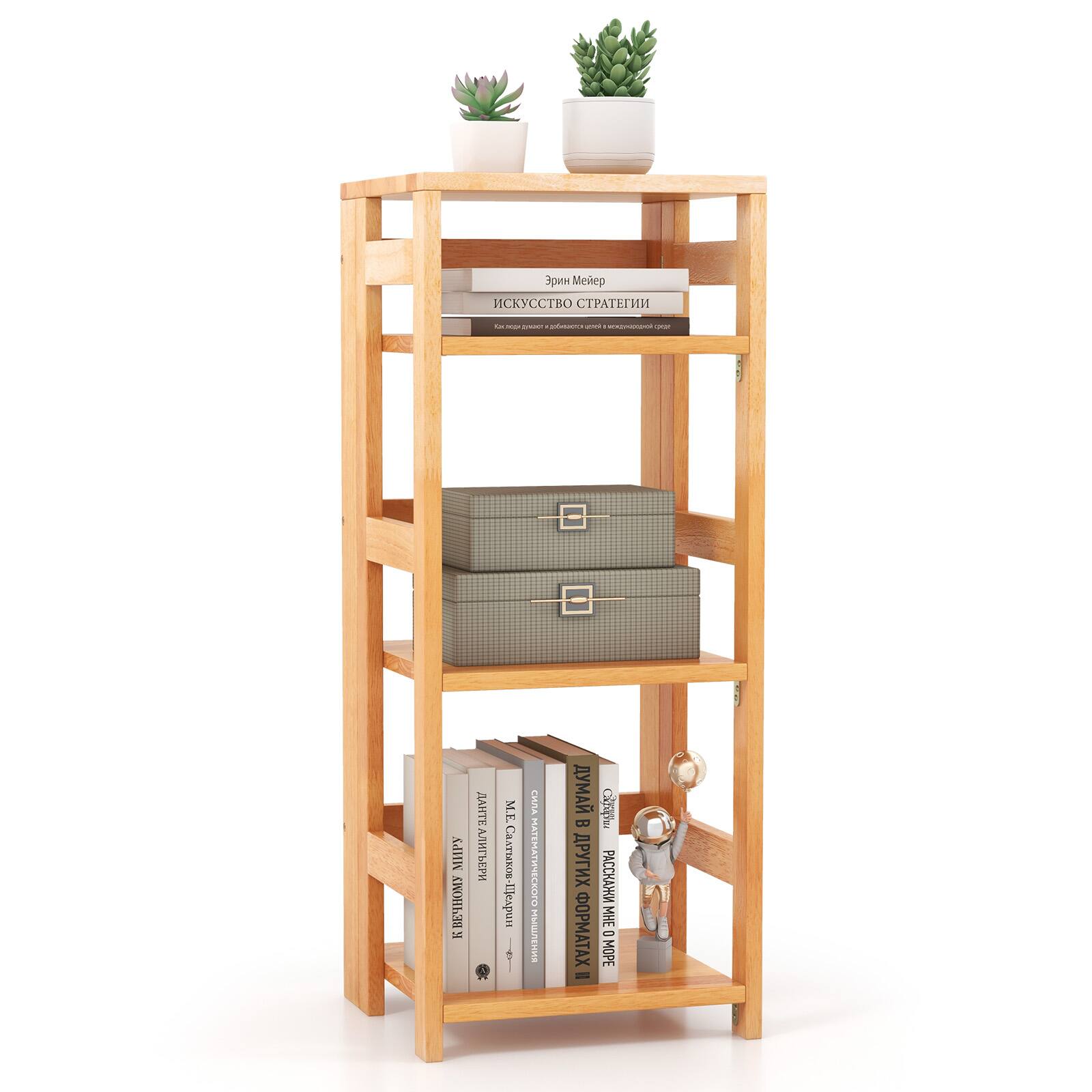 Ecooso - 4-Tier Bookshelf Rubber Wood Bookcase with Side Fences for Living Room - Natural