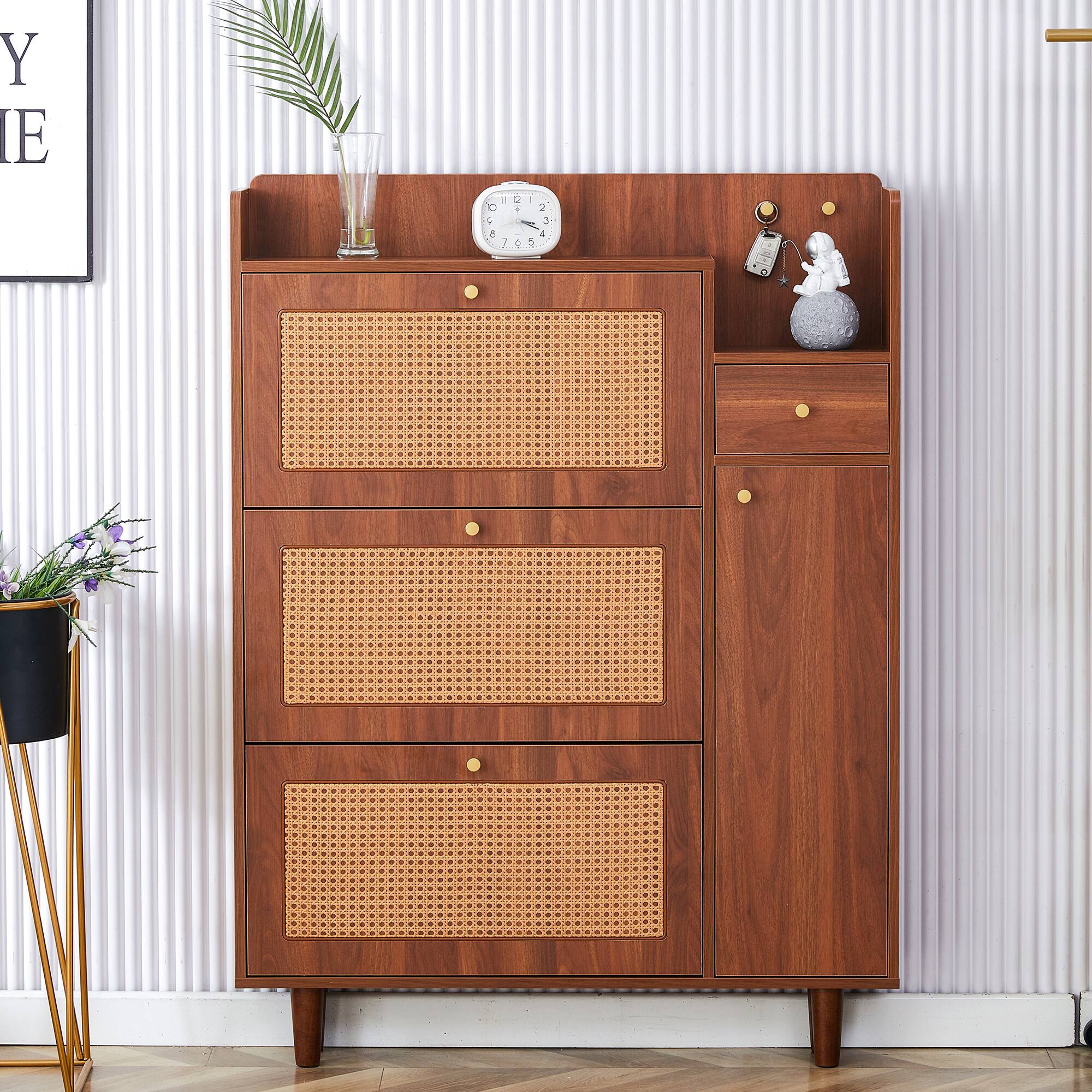 Left. Loheer - Loheer- Modern Narrow Shoe Cabinet 3.1x0.6x4.1 ft MDF Entryway Shoe Organizer Slim Hidden Storage for Small Hallways - Walnut.