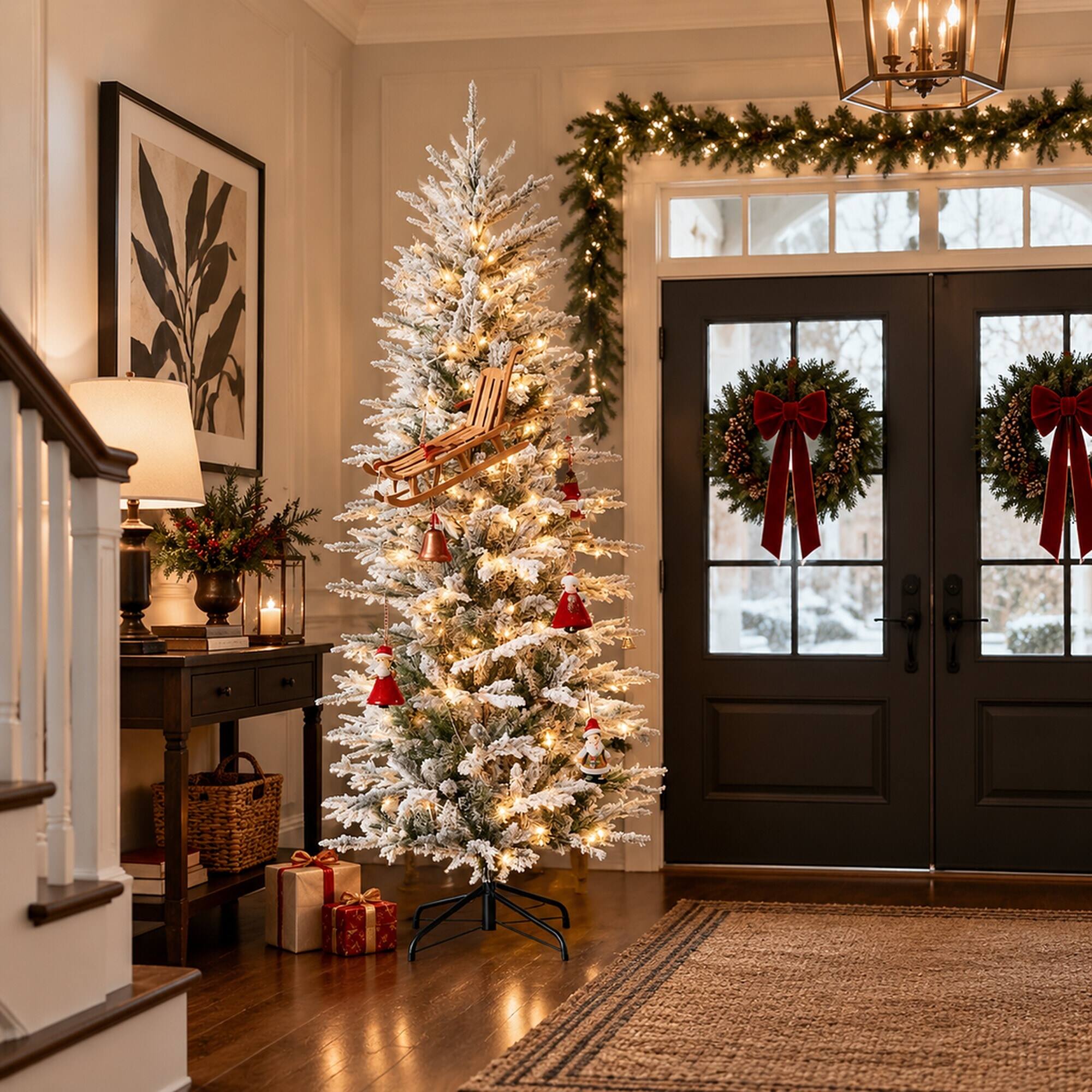 Alt View 2. RYHNUYNE - Artificial Flocked Christmas Tree With Snow Branches, Warm Yellow Clear Lights Auto Open Hinged Holiday Decor - Green.