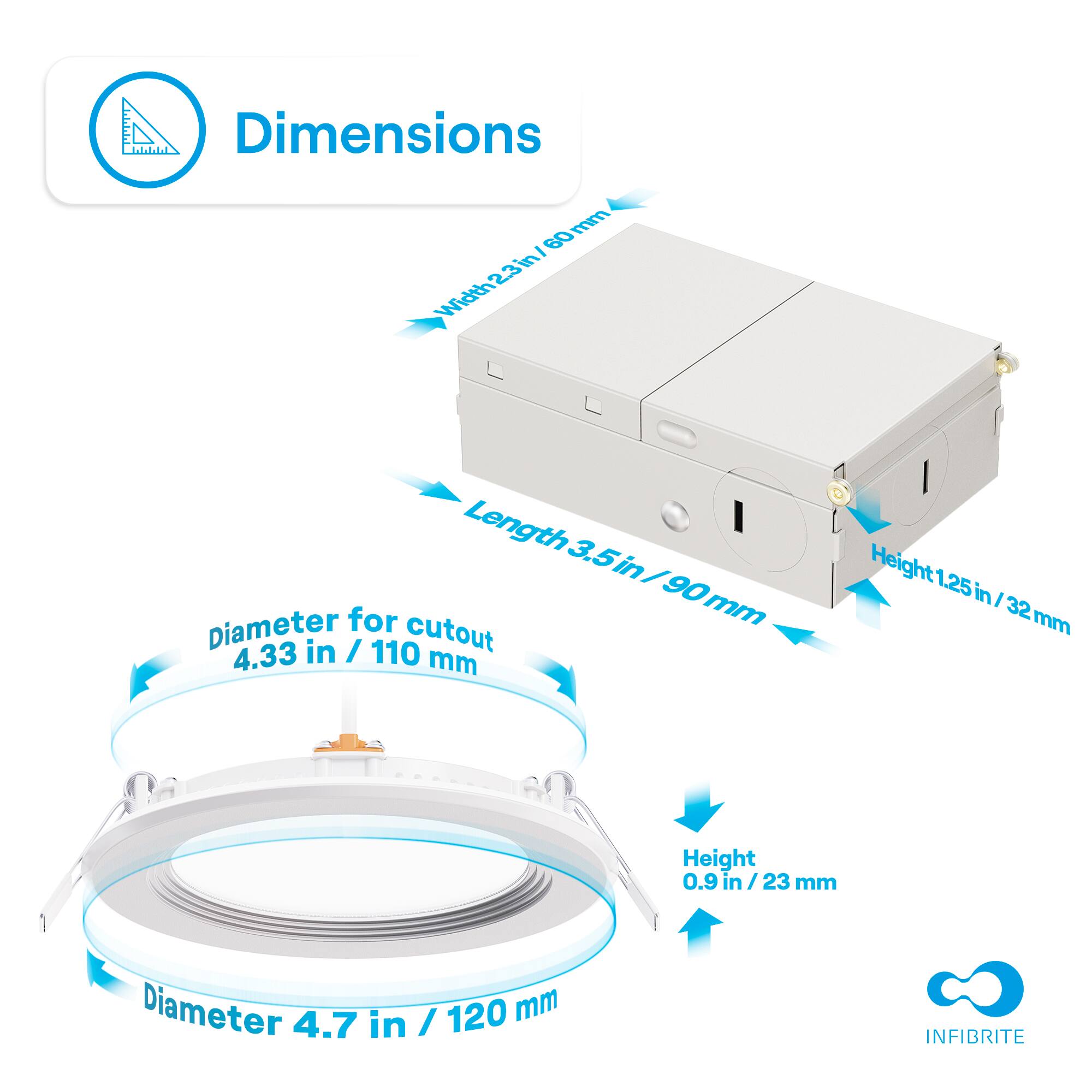 Dimensions:

- Width: 23 in / 60 mm
- Length: 3.5 in / 90 mm
- Height: 1.25 in / 32 mm

Diameter for cutout: 4.33 in / 110 mm

Diameter: 4.7 in / 120 mm

Height: 0.9 in / 23 mm

INFIBRITE