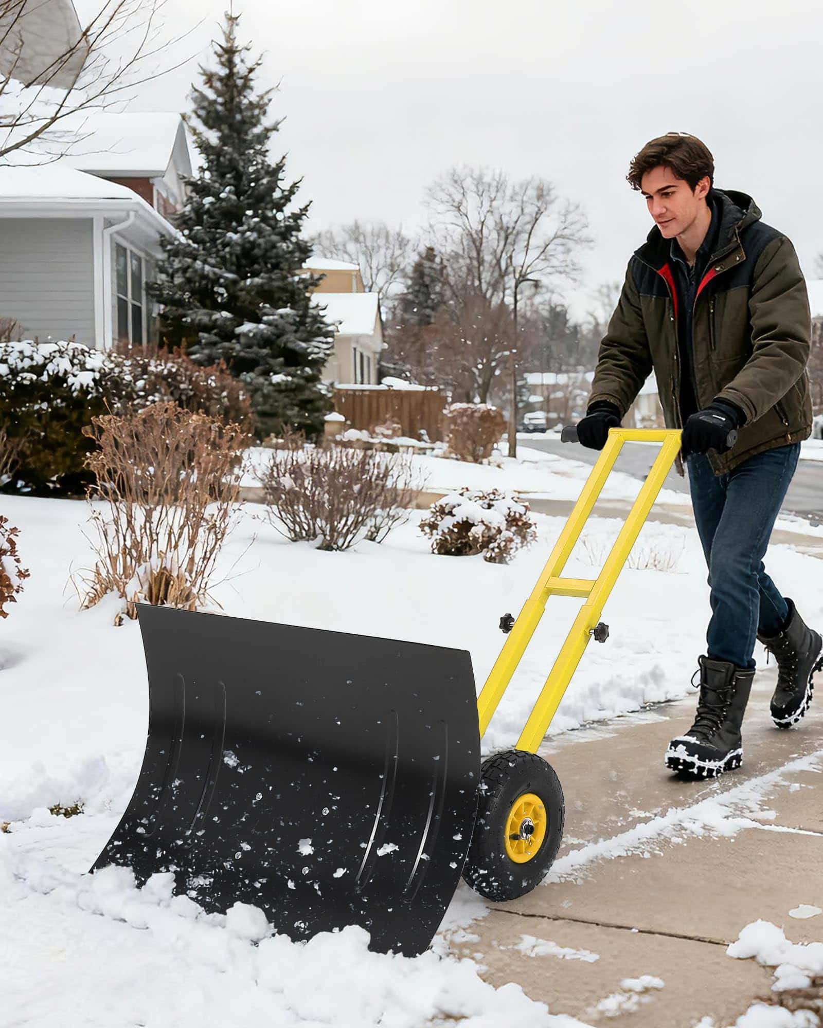 Babevy - Snow Shovel with Wheels, Adjustable Handle & Angled Blade, Double Rod Push Snow Plow for Driveway(29.1W x 19.8H) - Black&Yellow