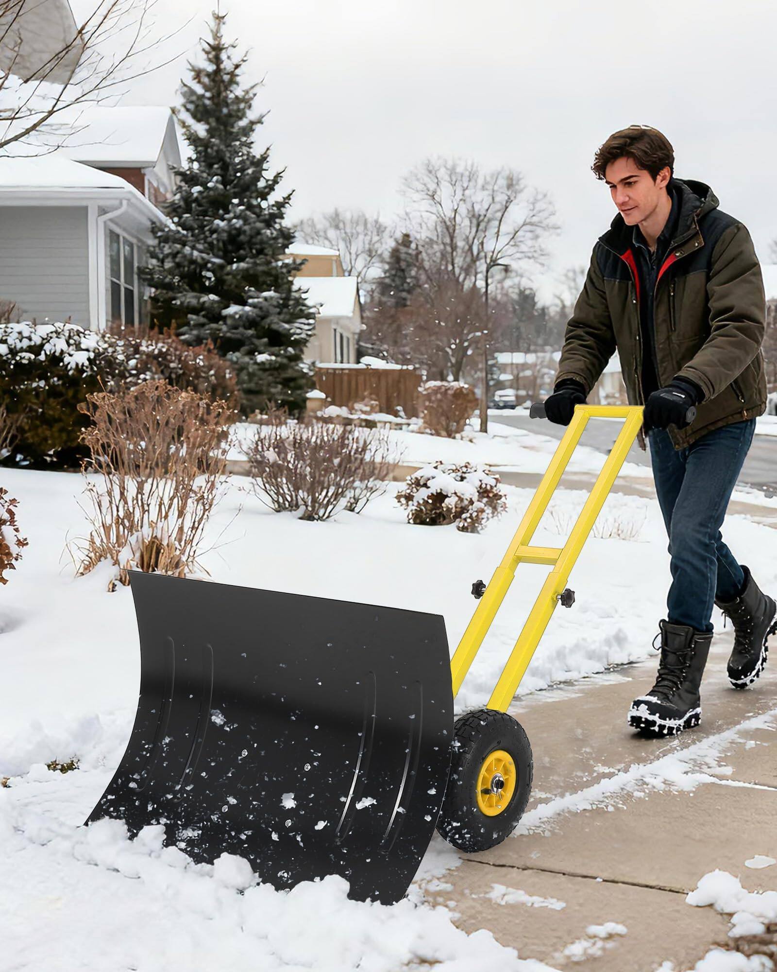 Front. Babevy - Snow Shovel with Wheels, Adjustable Handle & Angled Blade, Double Rod Push Snow Plow for Driveway(29.1W x 19.8H) - Black&Yellow.