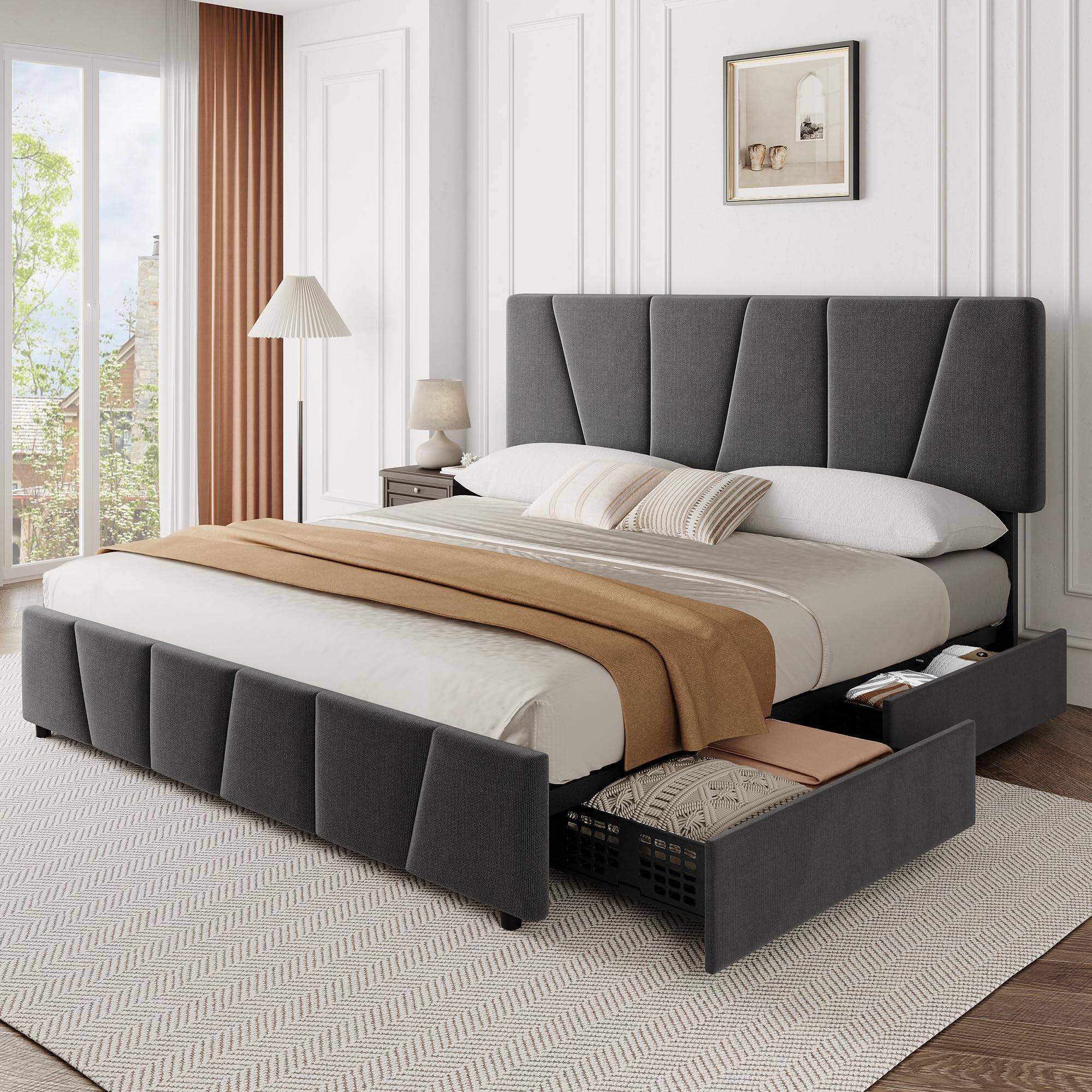 Front. Homhougo - King Size Bed Frame with Adjustable Headboard and 4 Storage Drawers - Dark Gray.