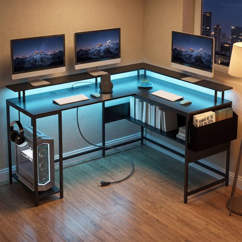 Alt View 5. WELLFOR - L Shape Desk with LED Lights and Power Outlets, Computer Desk with Storage Bag & CPU Stand for Home Office Gaming - Black.