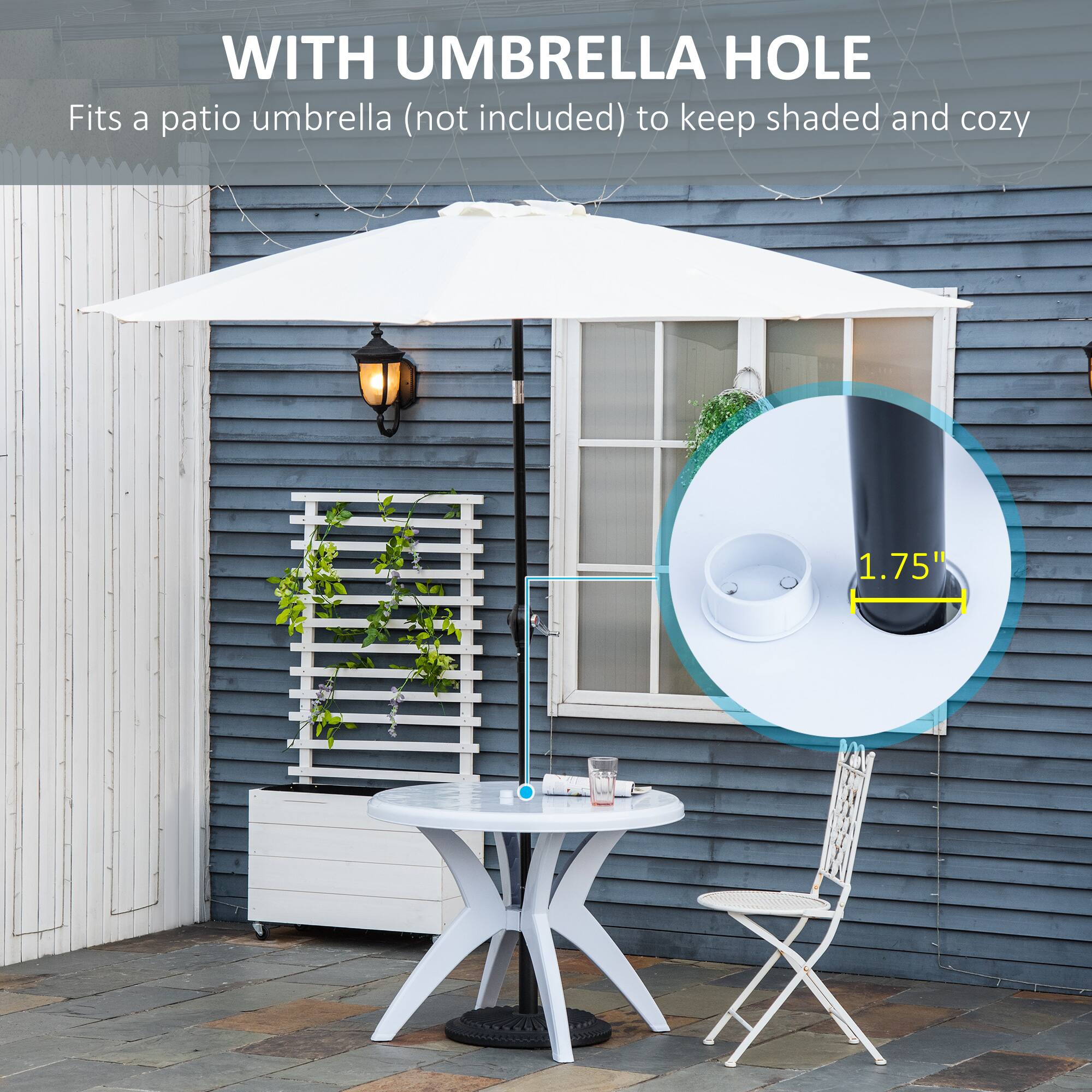 WITH UMBRELLA HOLE  
Fits a patio umbrella (not included) to keep shaded and cozy  
1.75"