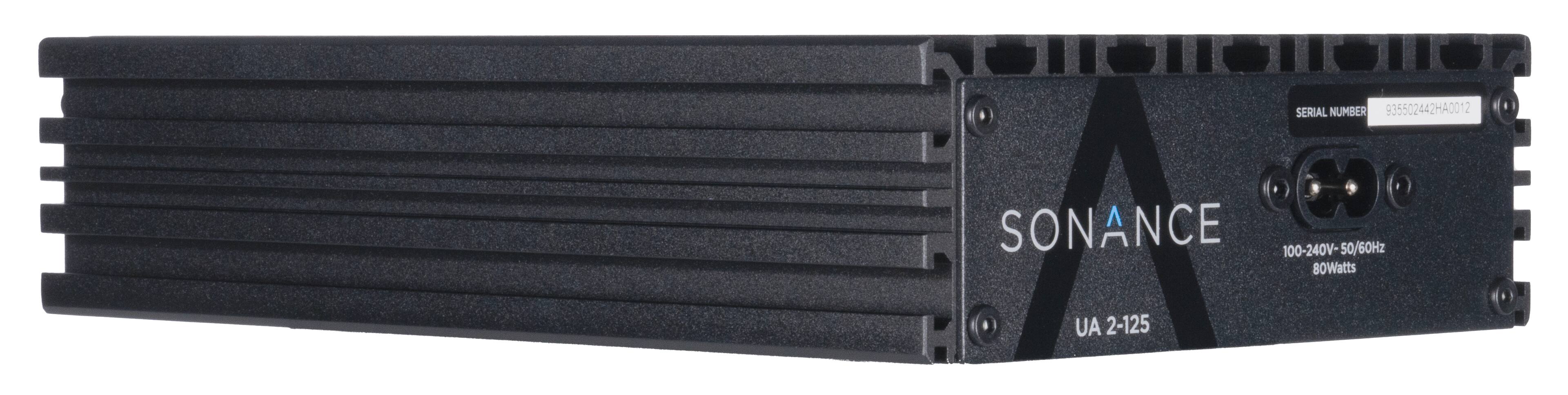 The text on the image reads: "Serial Number: 935502442HA0012. Sonance AU 2-125. 100-240V-50/60Hz. 80Watts."