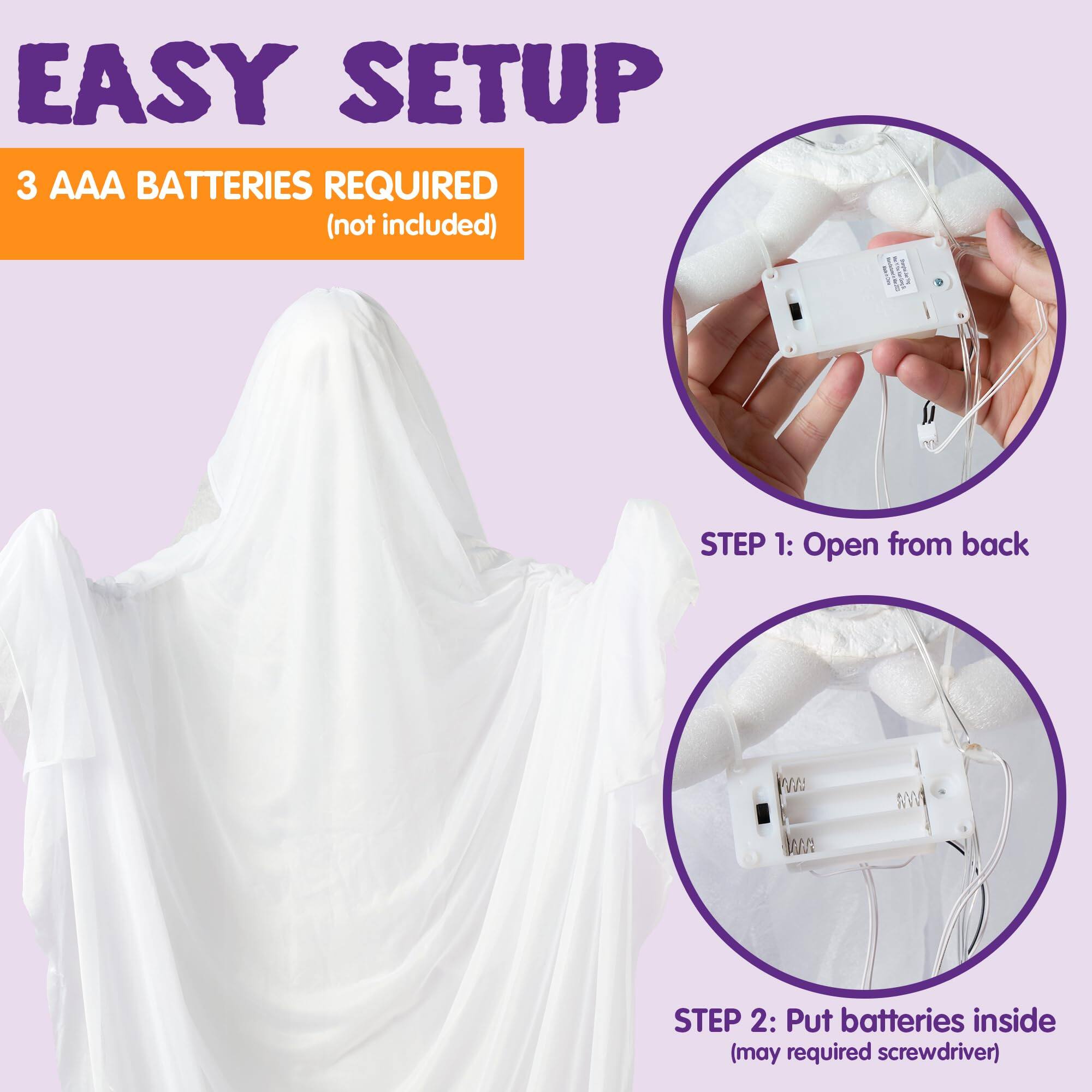 EASY SETUP  
3 AAA BATTERIES REQUIRED (not included)  

STEP 1: Open from back  
STEP 2: Put batteries inside (may require screwdriver)