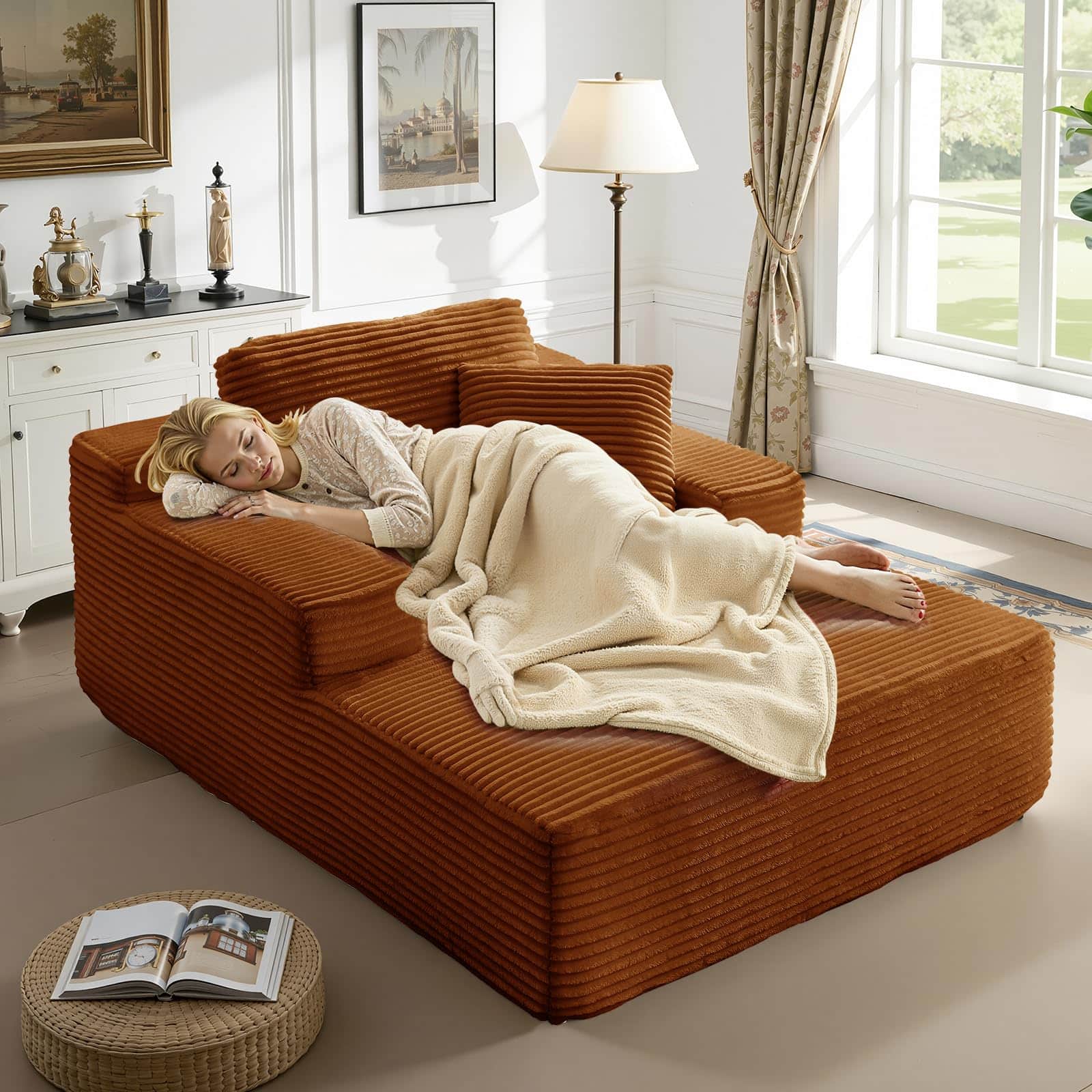 Meqiodas - 67.5”Oversized Indoor Chaise Lounge, Sofa Bed, Living Room Sofa, Corduroy Upholstered Boneless Cloud Sofa, No Assembly - Brown