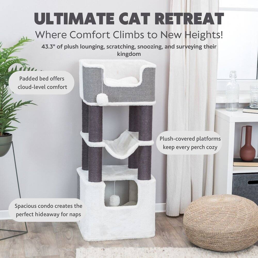 ULTIMATE CAT RETREAT  
Where Comfort Climbs to New Heights!  
43.3" of plush lounging, scratching, snoozing, and surveying their kingdom  

- Padded bed offers cloud-level comfort  
- Plush-covered platforms keep every perch cozy  
- Spacious condo creates the perfect hideaway for naps