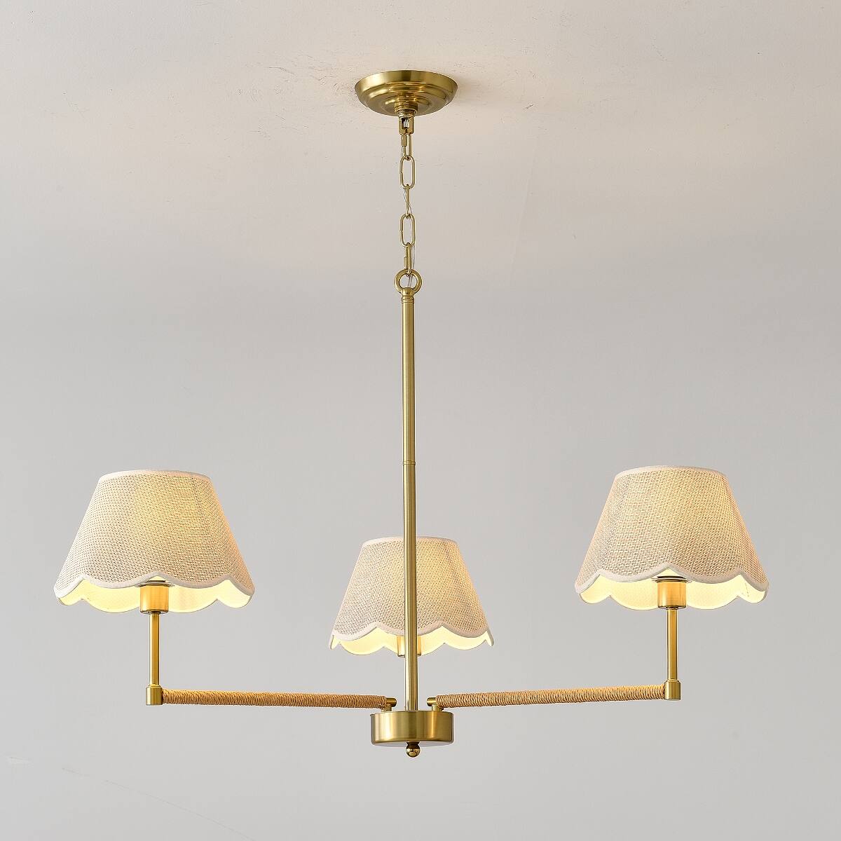 Left. Loheer - Loheer Three Light Gold Chandelier with Fabric Shades and Rope Accents for Dining Room or Living Room.