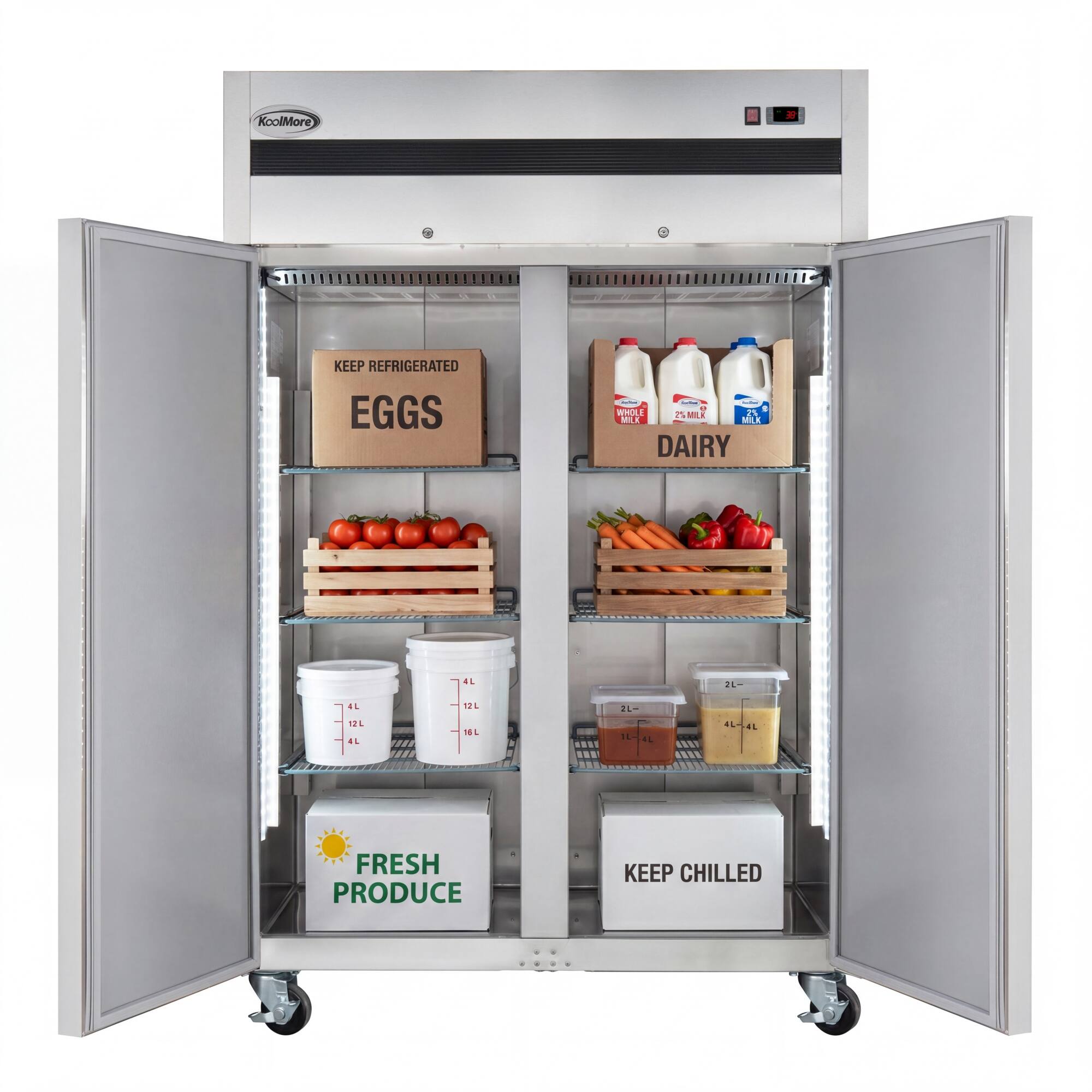 KoolMore - KEEP REFRIGERATED EGGS : I - M 2% ME MILA DAIRY FL 2 4L 12L - 2m L AL HEL 1.. *L .- T 1 FRESH PRODUCE KEEP CHILLED