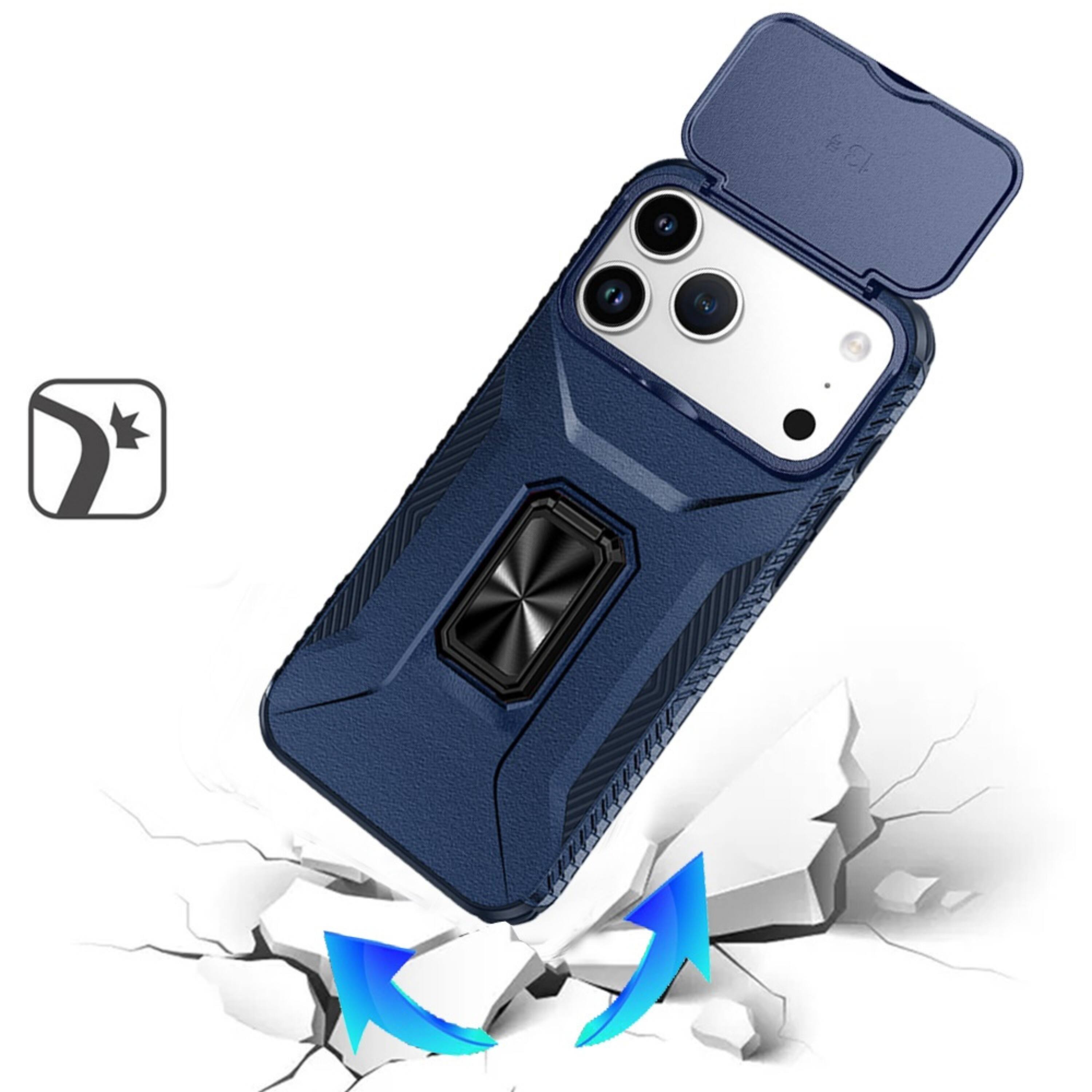 Angle. Kitcheniva - Full Coverage Metal Stand Lens Cover Phone Case With Tempered Glass For iPhone 17 Pro Blue - Blue.