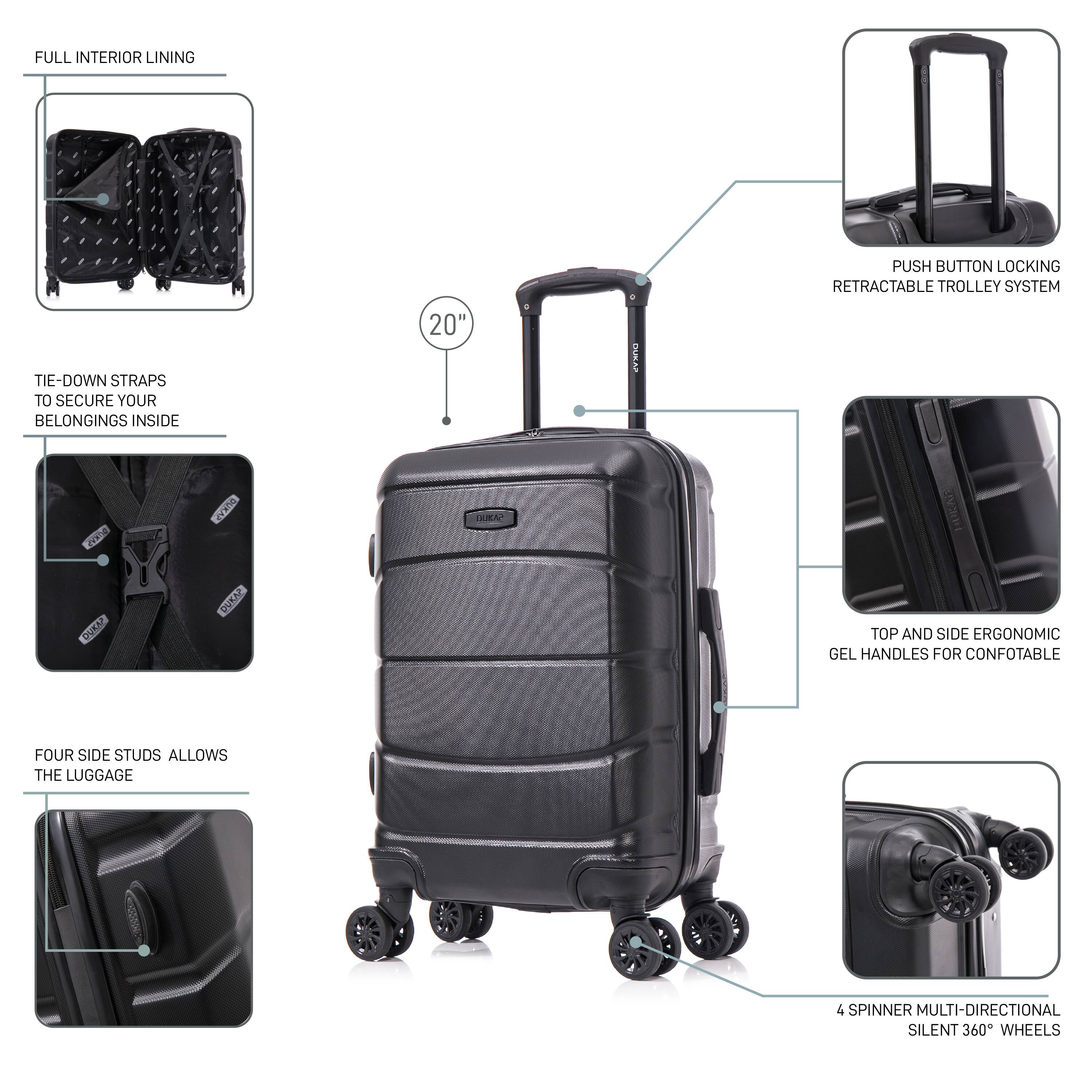 - FULL INTERIOR LINING
- TIE-DOWN STRAPS TO SECURE YOUR BELONGINGS INSIDE
- FOUR SIDE STUDS ALLOWS THE LUGGAGE
- PUSH BUTTON LOCKING RETRACTABLE TROLLEY SYSTEM
- TOP AND SIDE ERGONOMIC GEL HANDLES FOR COMFORTABLE
- 4 SPINNER MULTI-DIRECTIONAL SILENT 360° WHEELS