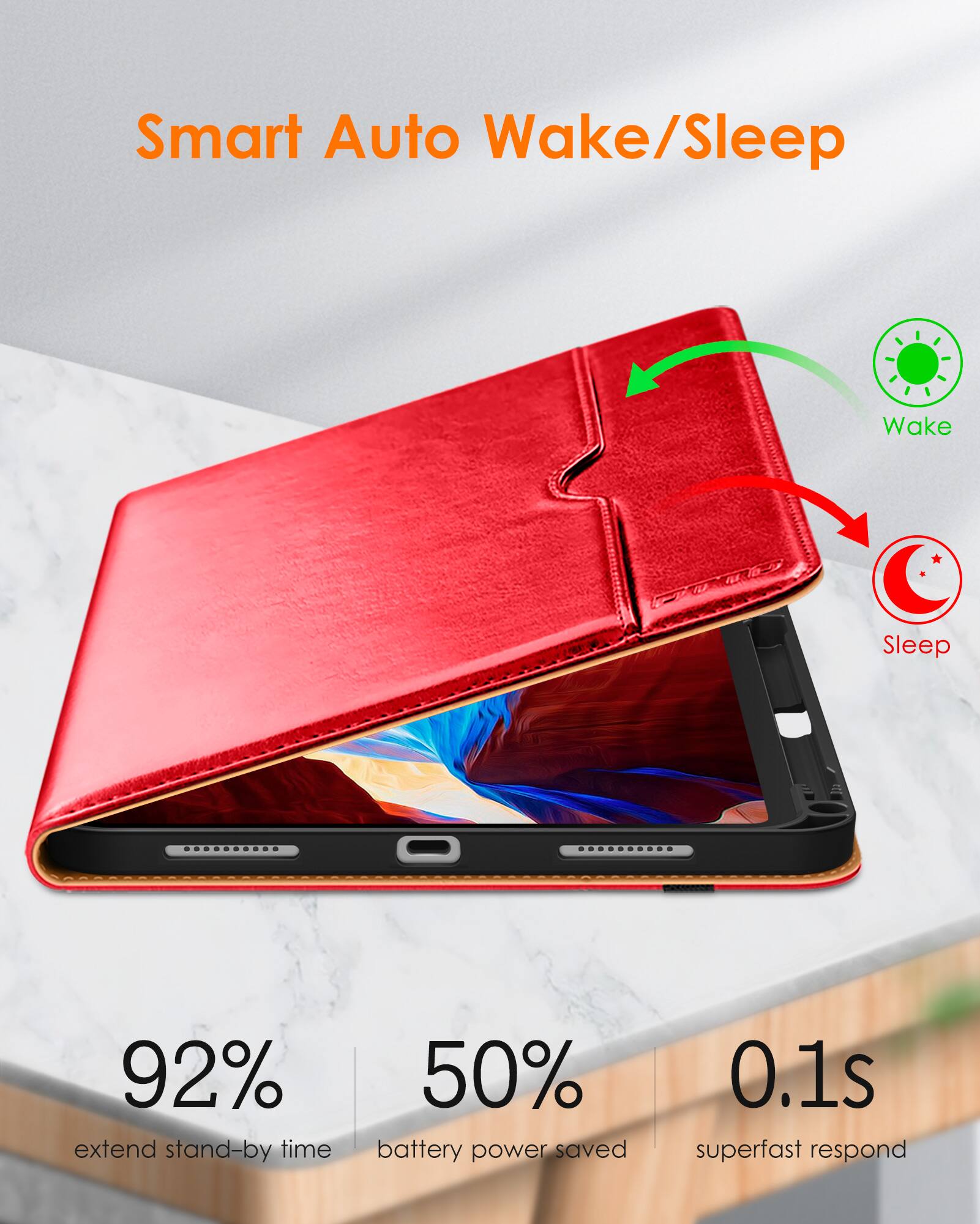 Smart Auto Wake/Sleep

- 92% extend stand-by time
- 50% battery power saved
- 0.1s superfast respond

Wake
Sleep