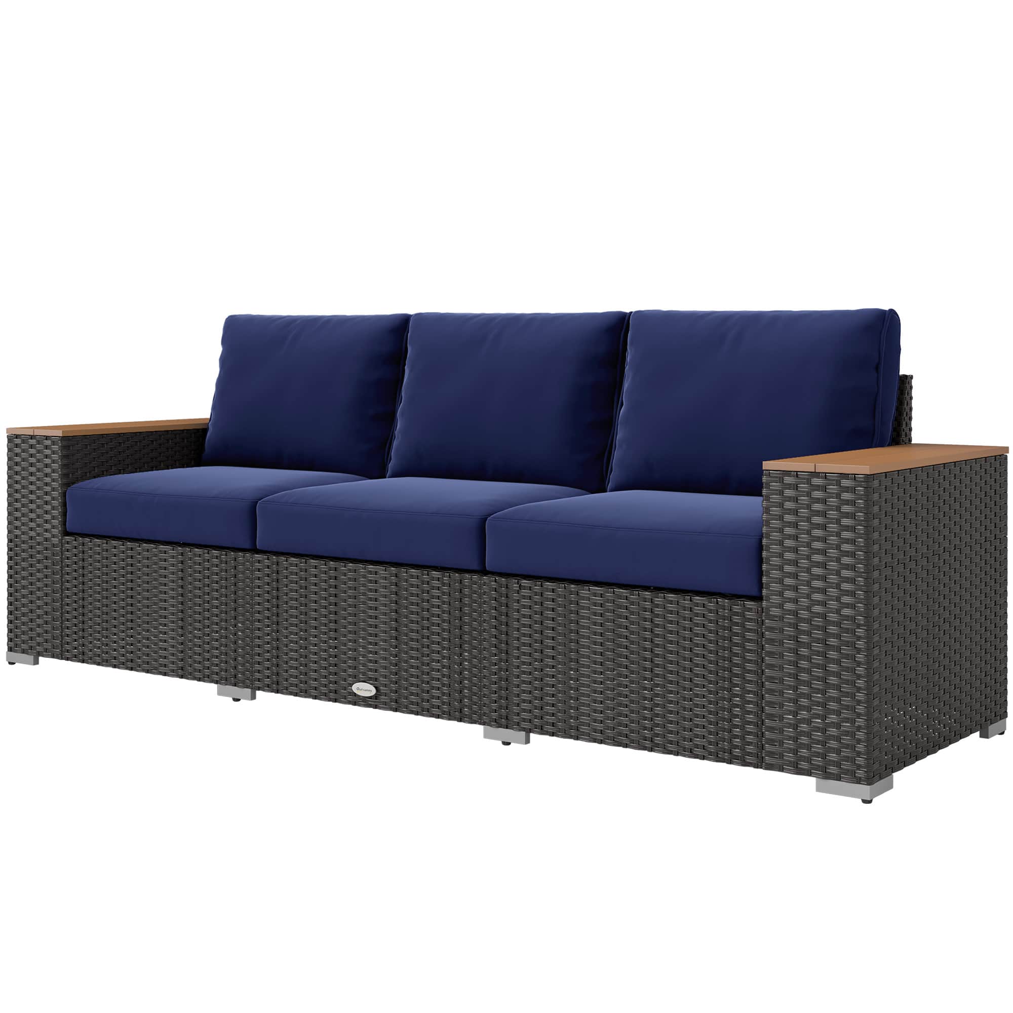 Outsunny - Outdoor Patio Sofa, PE Wicker Outdoor Couch with Extra Wide Deep Seat, Wide Armrests 4" Cushions - Navy Blue