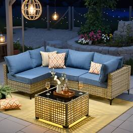 Ovios - 5 PCS Sectional Patio Furniture Set Outdoor Rattan Comfy Sofa with Coffee Table for Garden - Denim Blue