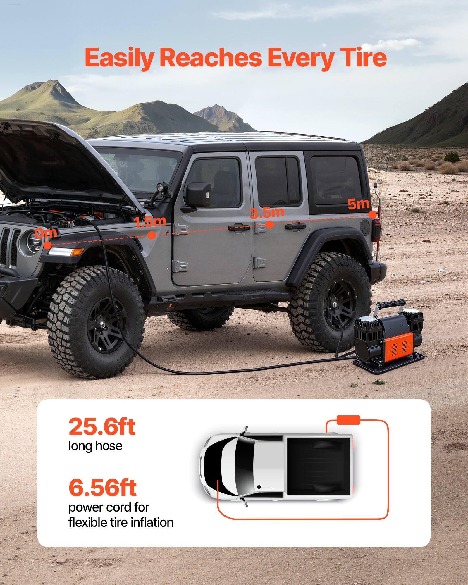 Easily Reaches Every Tire

- 1.5m
- 3.5m
- 5m
- 25.6ft long hose
- 6.56ft power cord for flexible tire inflation