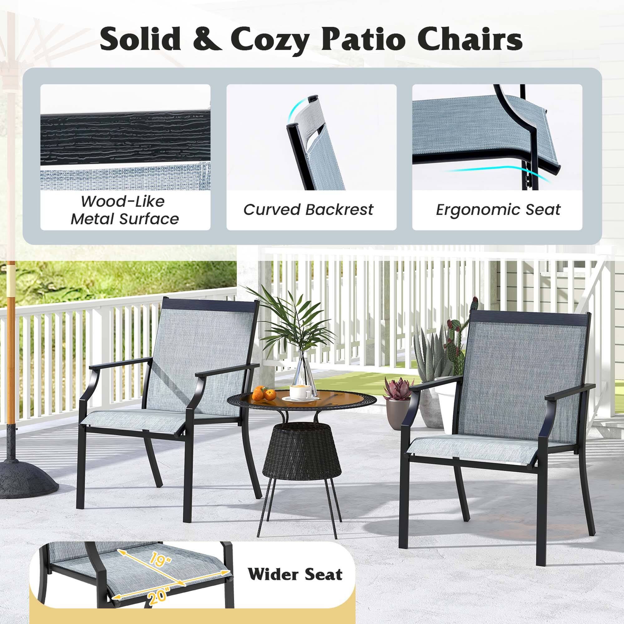 Solid & Cozy Patio Chairs
Wood-Like Metal Surface
Curved Backrest
Ergonomic Seat
Wider Seat 19" 20"