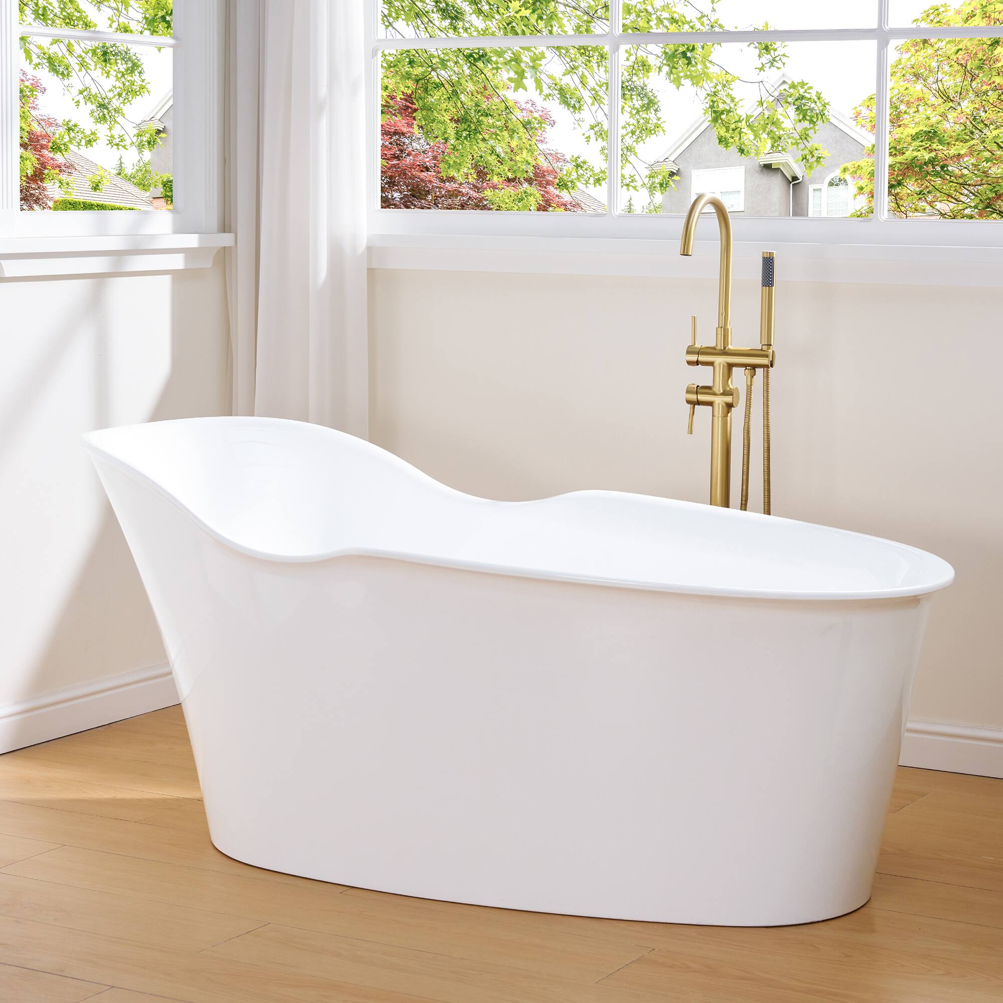 Left. WELLFOR - Wave 66 in. Acrylic Flat Bottom Double Ended Freestanding Soaking  Bathtub with Drain and Overflow - White.