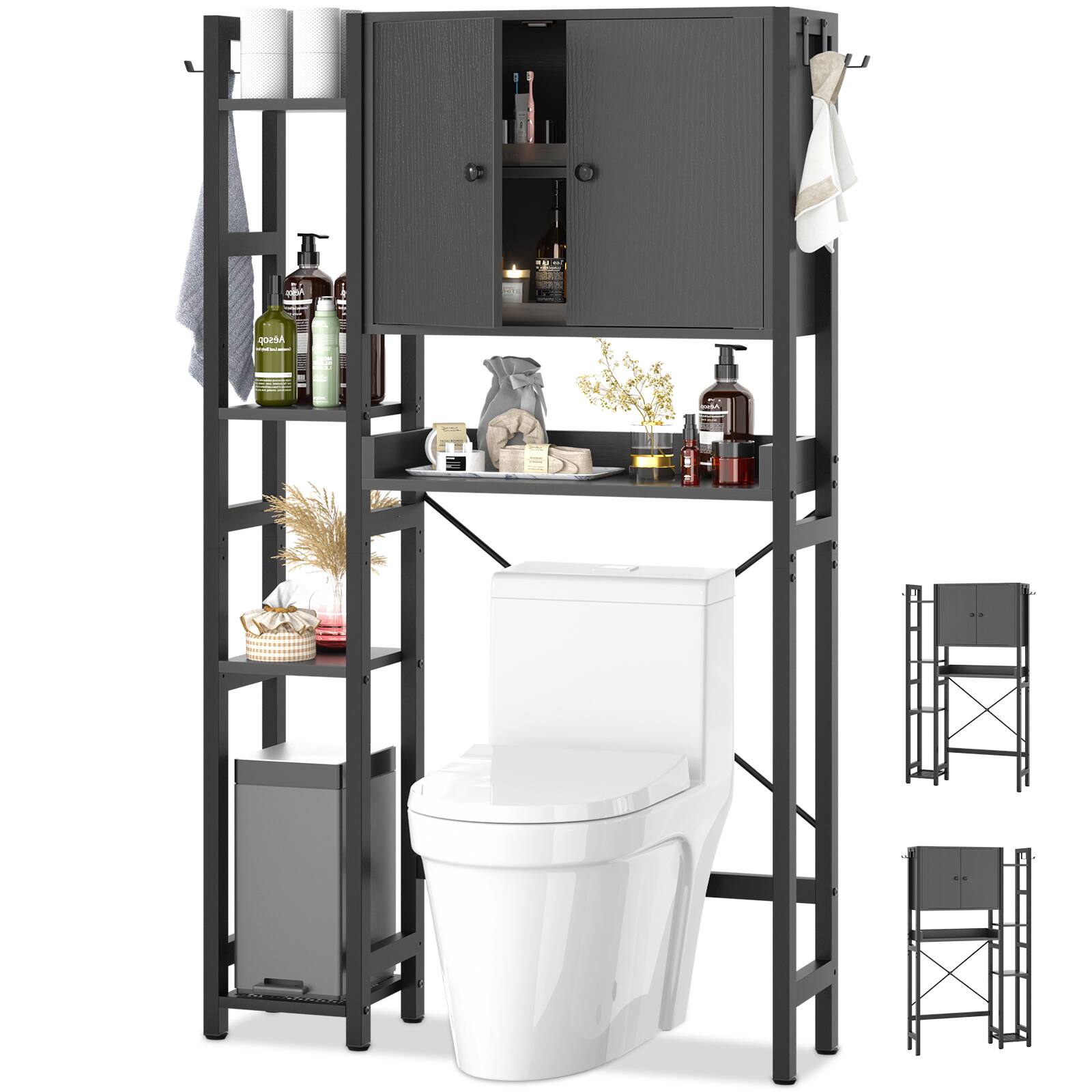 Left. Aheaplus - Over The Toilet Storage Cabinet with Doors, 7 Tier Freestanding Bathroom Organizer with Adjustable Shelves & 4 Hooks - Black.