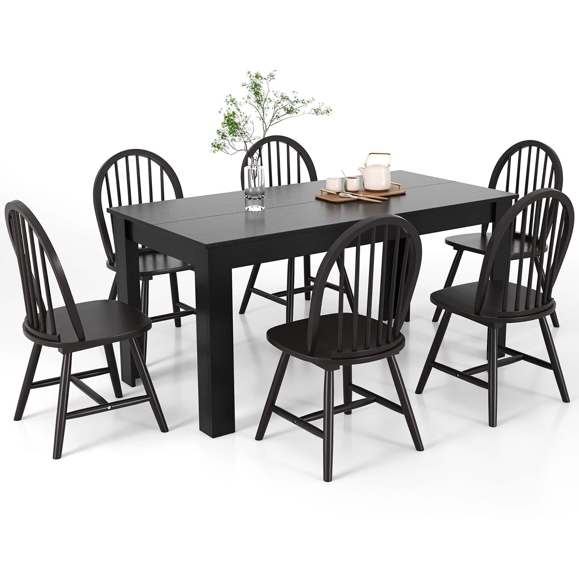 Gymax - 7 PCS Dining Set Rectangular Wooden Dining Table 6 Windsor Chairs Kitchen - Black