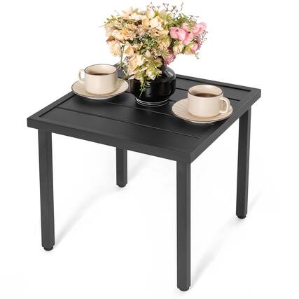 Front. Nuu Garden - Outdoor Square Side Table, Slatted Tabletop, Adjustable Feet, Powder-Coated Metal Frame - Black.