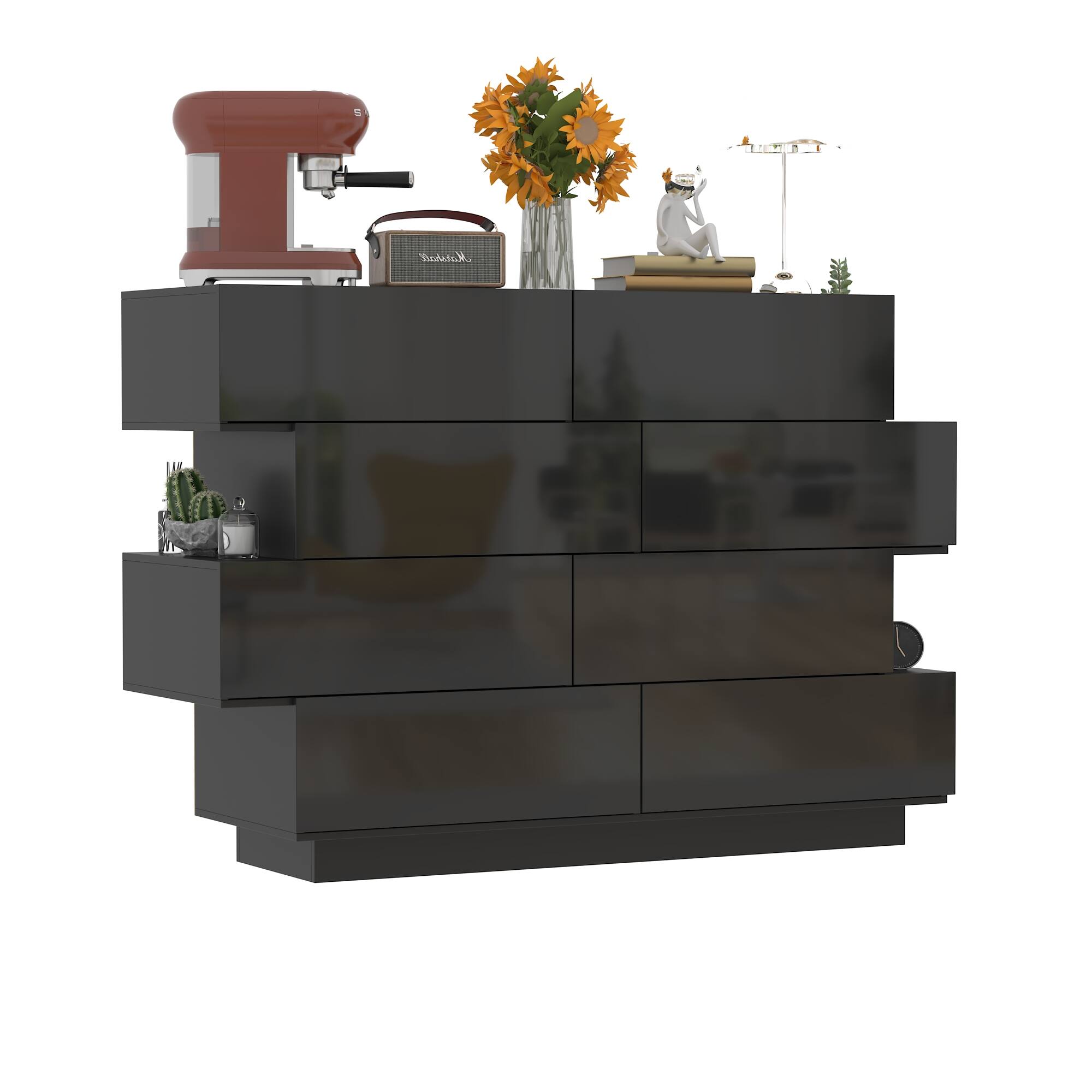 Angle. FUFU & GAGA - FUFU&GAGA Glossy Staggered Dresser: Sculptural Storage Solution - Black.