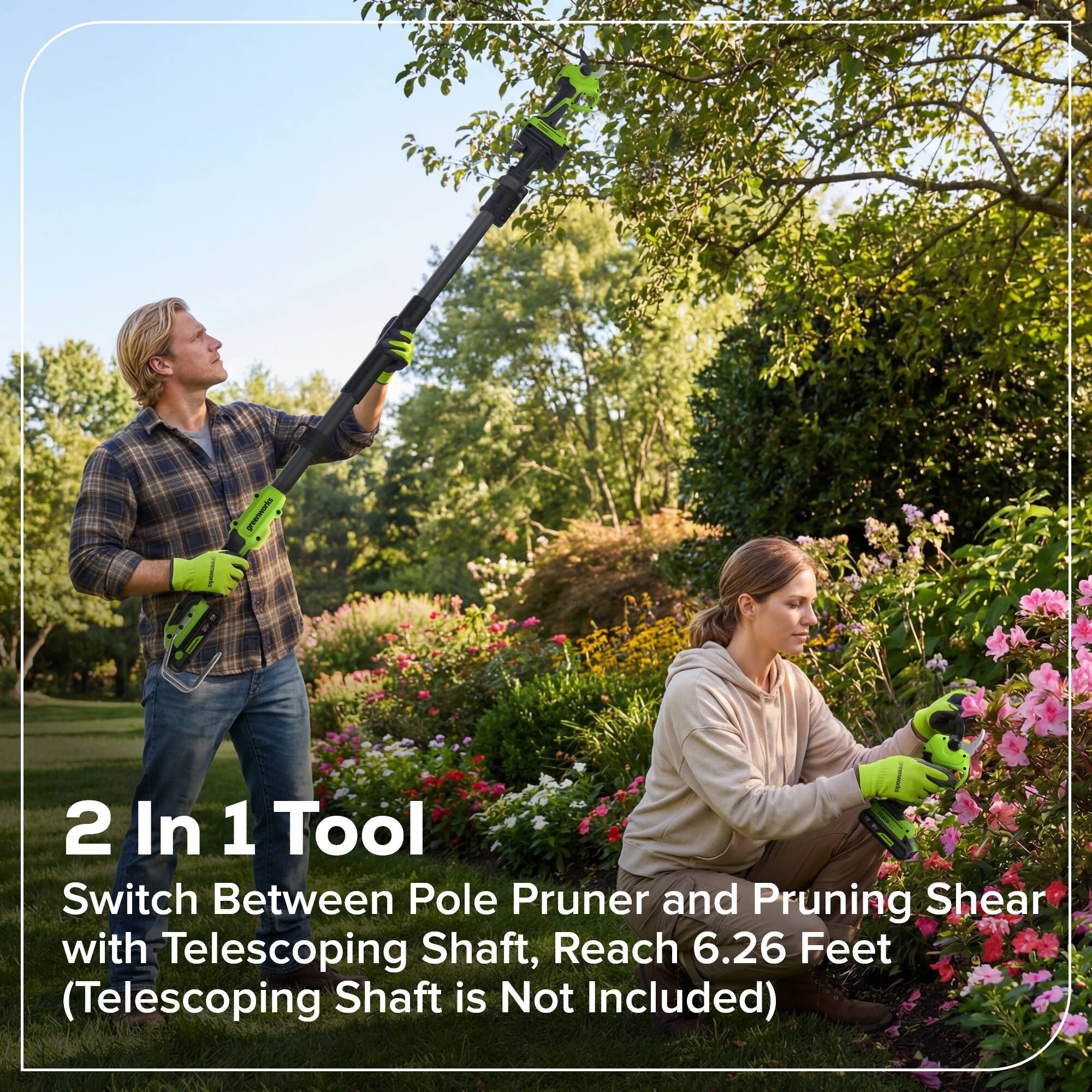 greenworks 2 In 1 Tool Switch Between Pole Pruner and Pruning Shear with Telescoping Shaft, Reach 6.26 Feet (Telescoping Shaft is Not Included)