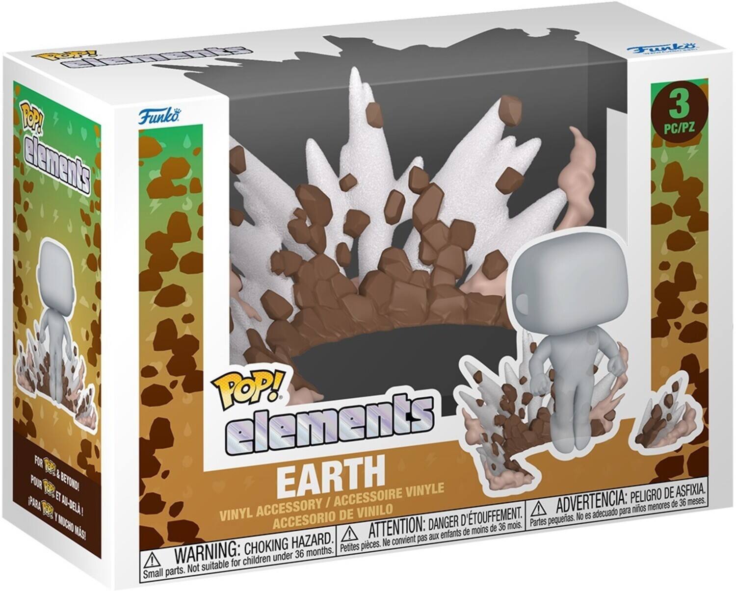 Funko  
POP! elements  
EARTH  
VINYL ACCESSORY / ACCESSOIRE DE VINYLE / ACCESORIO DE VINILO  

FOR & BEYOND / POUR ET AU-DÉLÀ / PARA Y MÁS ALLÁ  

WARNING: CHOKING HAZARD. Small parts. Not suitable for children under 36 months.  
ADVERTENCIA: PEORIGRO DE ASFIXIA. Piezas pequeñas. No es adecuado para niños menores de 36 meses.  
ATTENTION: DANGER D'ÉTOUFFEMENT. Parties petites. Ne convient pas aux enfants de moins de 36 mois.  

3 PC/PZ