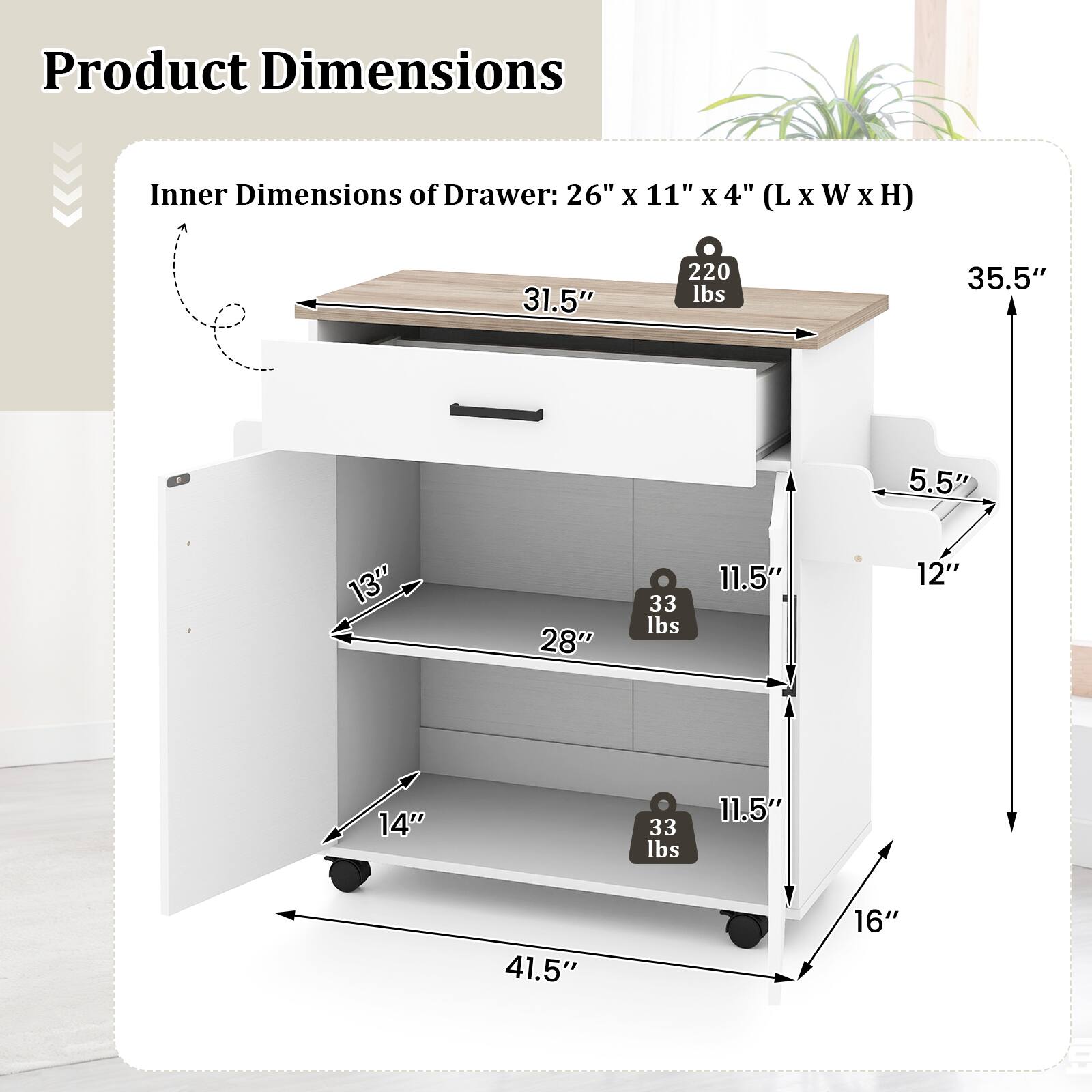 Product Dimensions: Inner Dimensions of Drawer: 26" x 11" x 4" (L x W x H)  
- 31.5" x 5.5" x 13" (33 lbs)  
- 11.5" x 12" x 14" (33 lbs)  
- 11.5" x 41.5" x 16"  
- 35.5"  
- 220 lbs