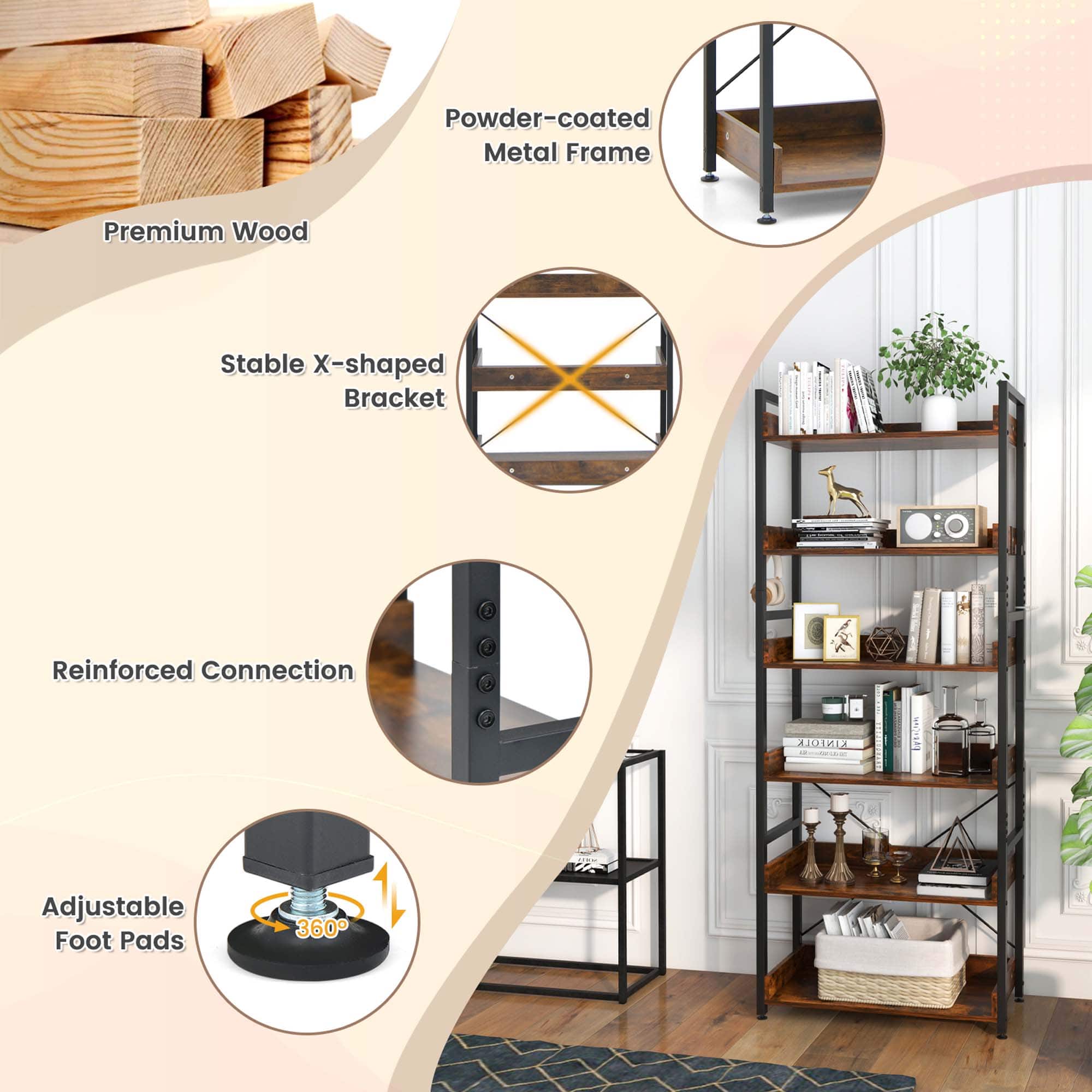 Powder-coated Metal Frame Premium Wood Stable X-shaped Bracket Reinforced Connection DUSTOEK Adjustable Foot Pads 360