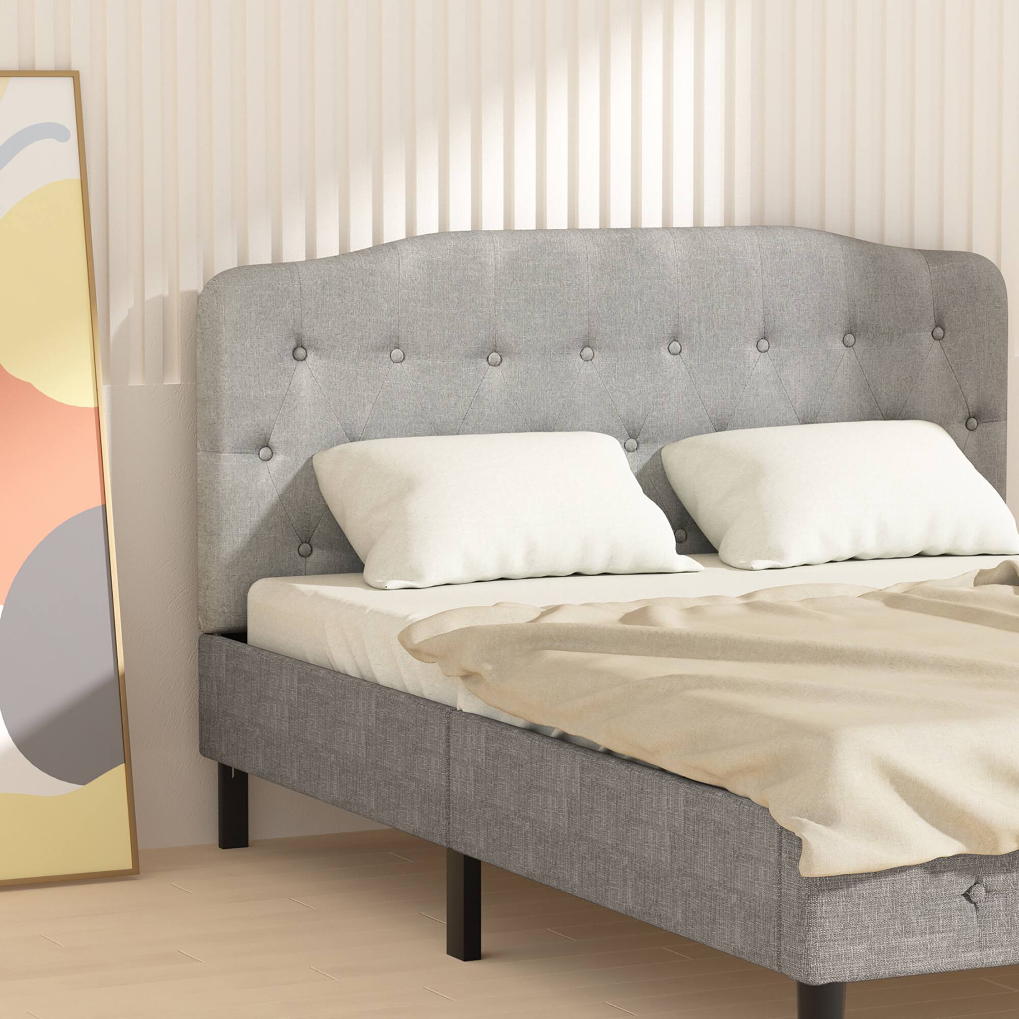 Alt View 1. Costway - Costway Queen Upholstered Headboard Adjust Button Tufted Faux Linen - Light Grey.